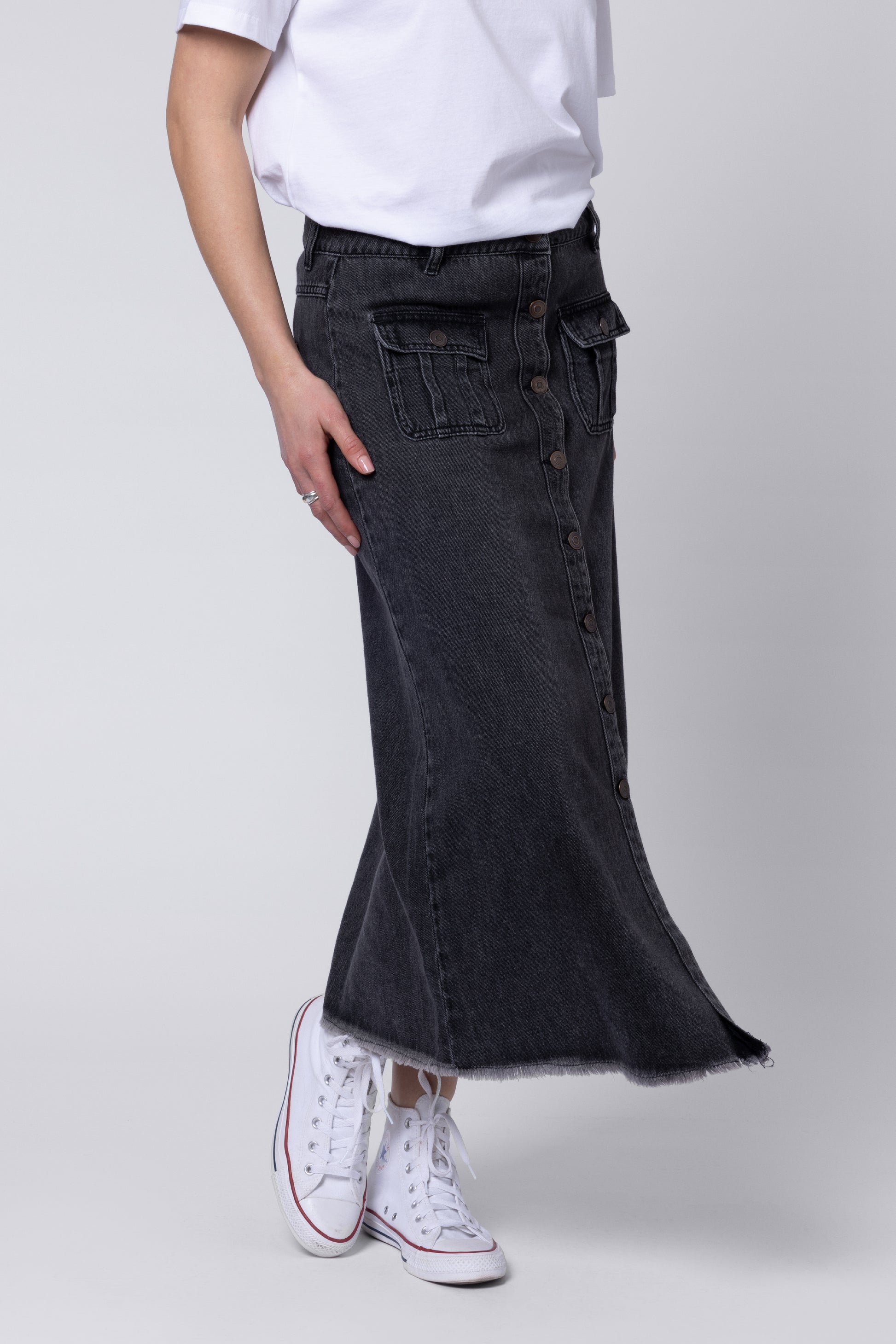 model wearing A Line Denim Skirt Eleven Loves UK