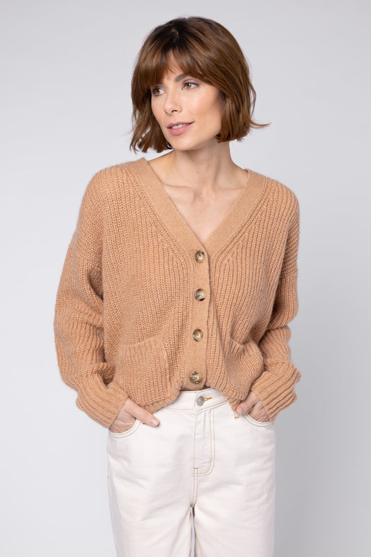 BETTY BALLOON SLEEVE CARDI (CAMEL) BUTTON UP CARDIGAN WOMENS KNITWEAR CARDIGAN ELEVENLOVES 11LOVES ELLEN LOVES