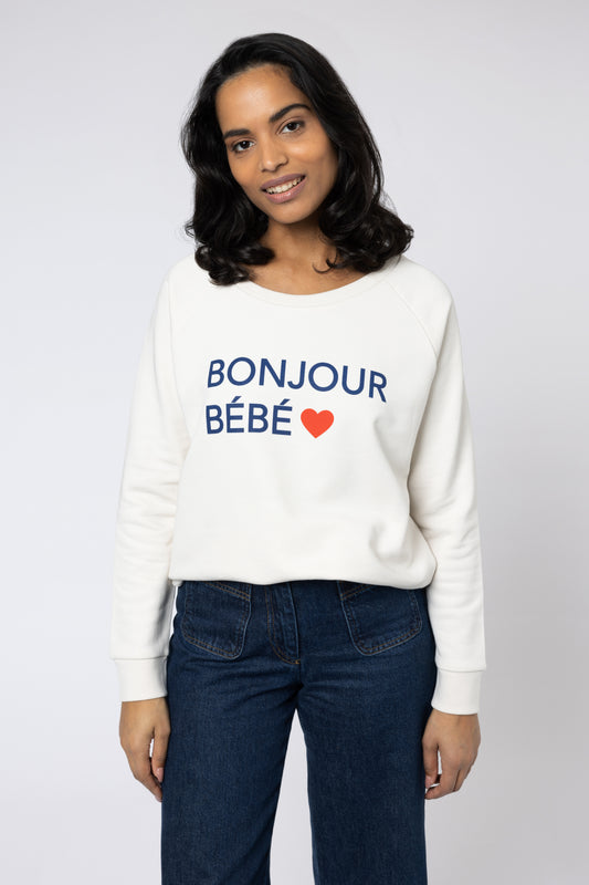 bonjour sweatshirt parisian style sweatshirt vintage white sweatshirt red heart sweatshirt eleven loves ellen loves 11loves