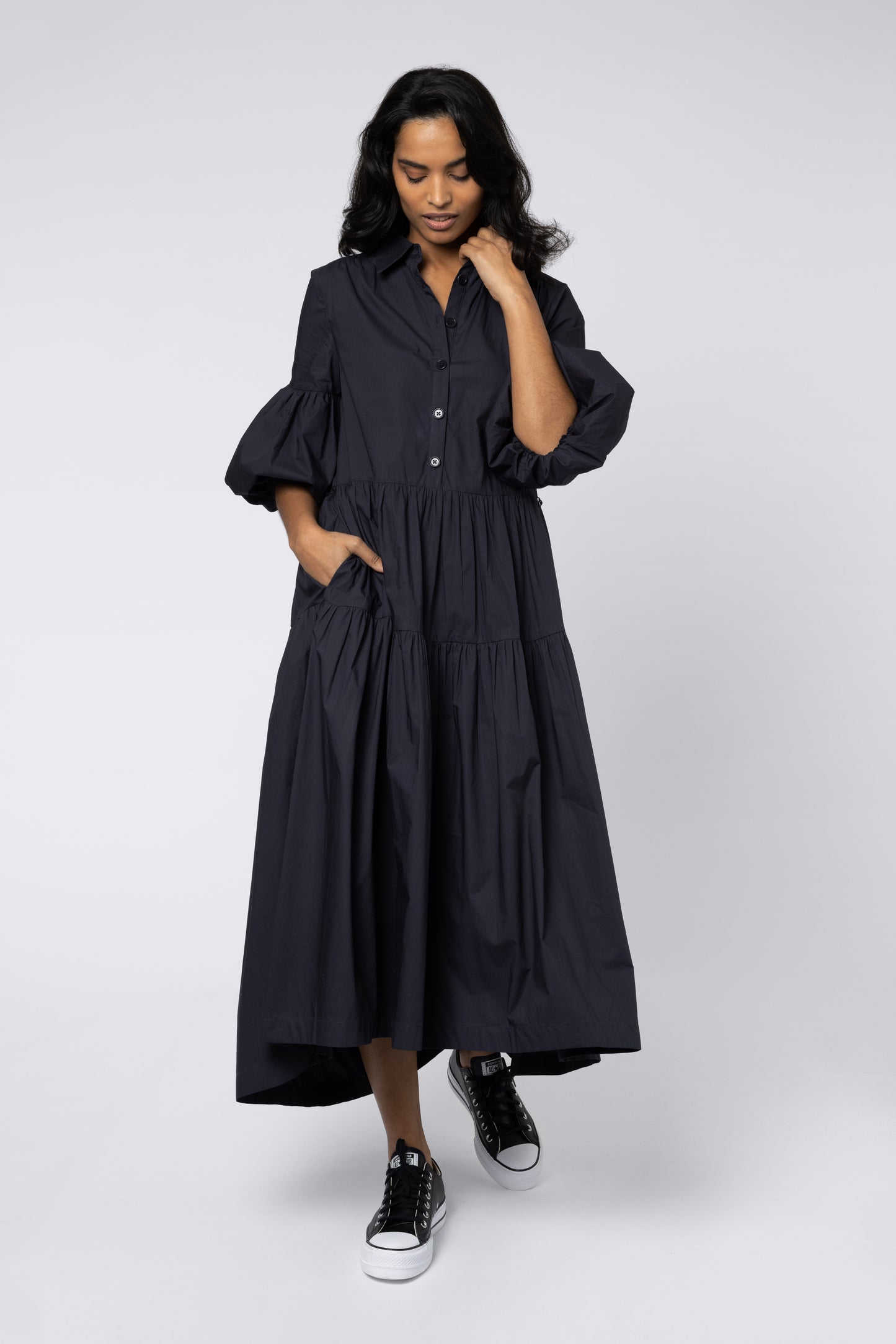 elise balloon sleeve dress puff sleeve dress midaxi dress draped hem black cotton flowy dress ellen loves 11loves elevenloves