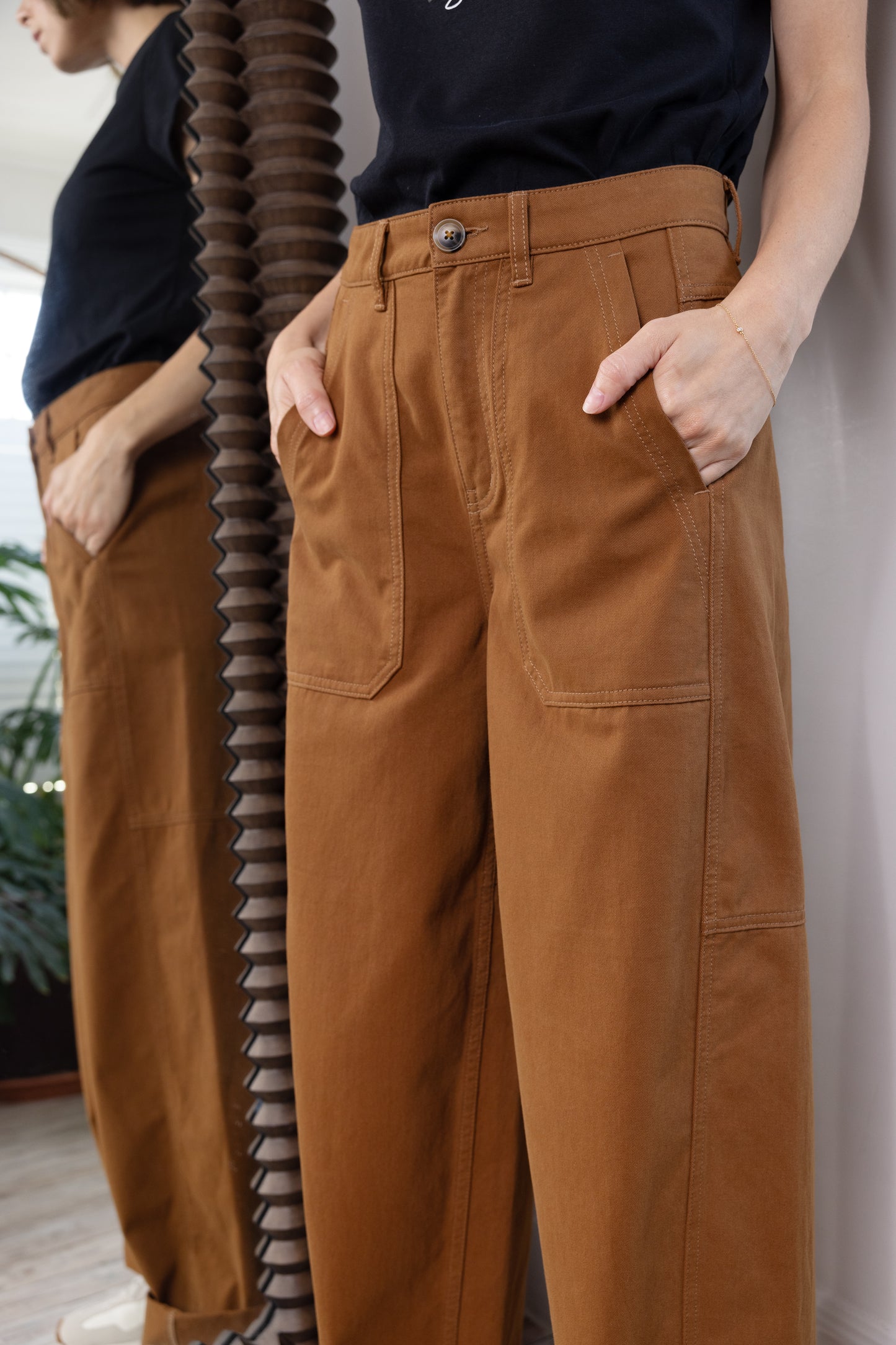 model wearing Barrel Leg Trousers UK