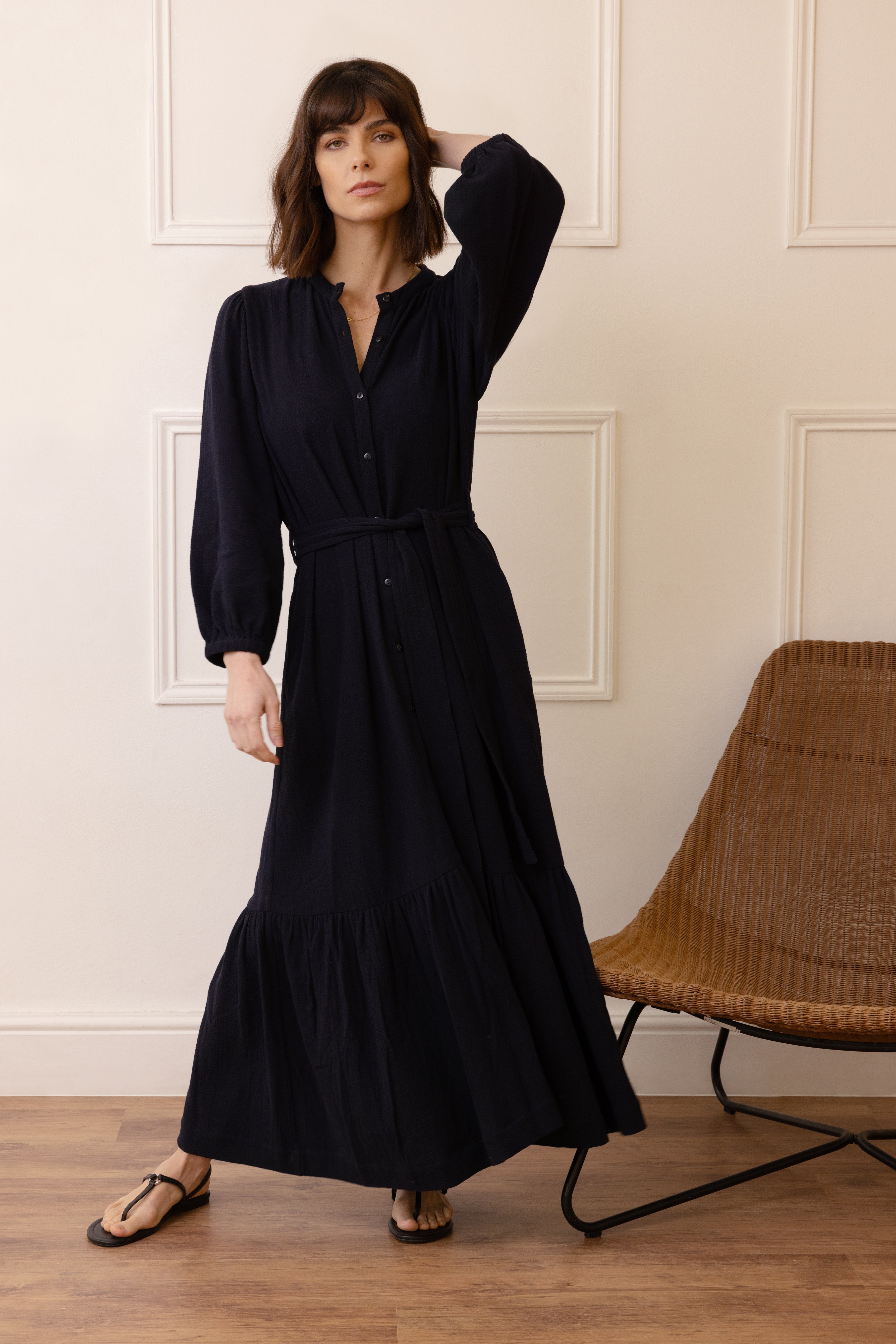 Dana Balloon Sleeve Cheesecloth Dress - Navy - Eleven Loves
