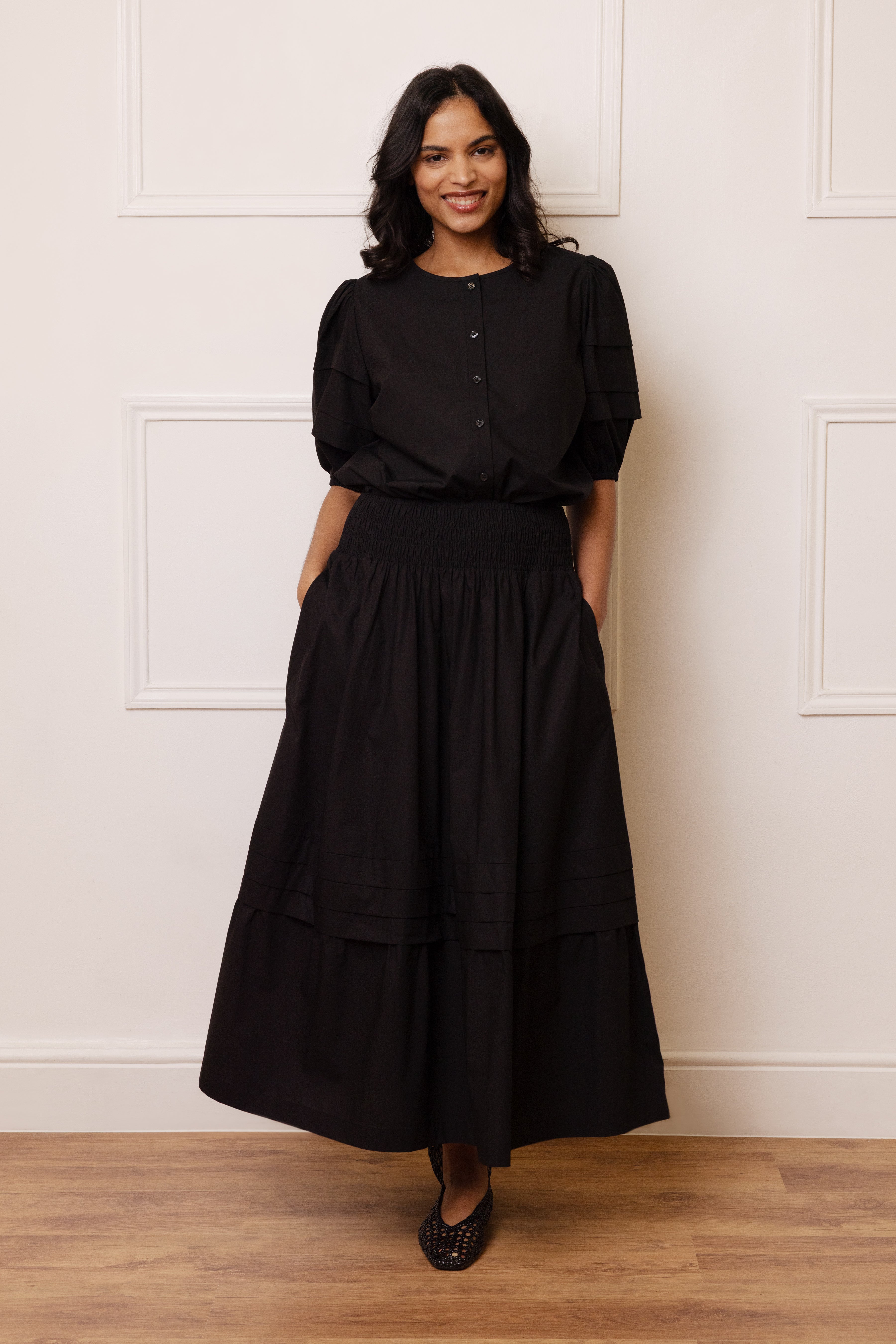 Sabina Shirred Waist Midi Skirt - Black - Eleven Loves