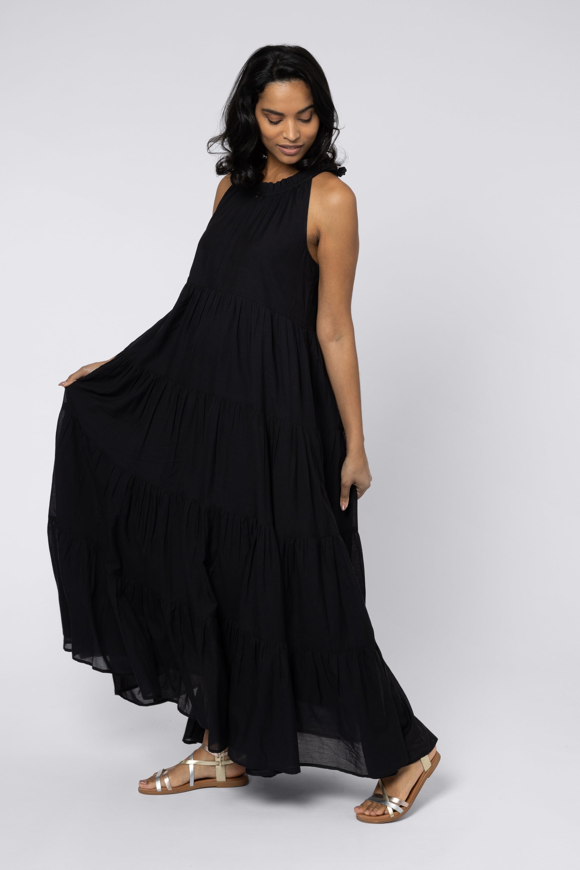 Model wearing Black Tiered Maxi Dress Eleven Loves