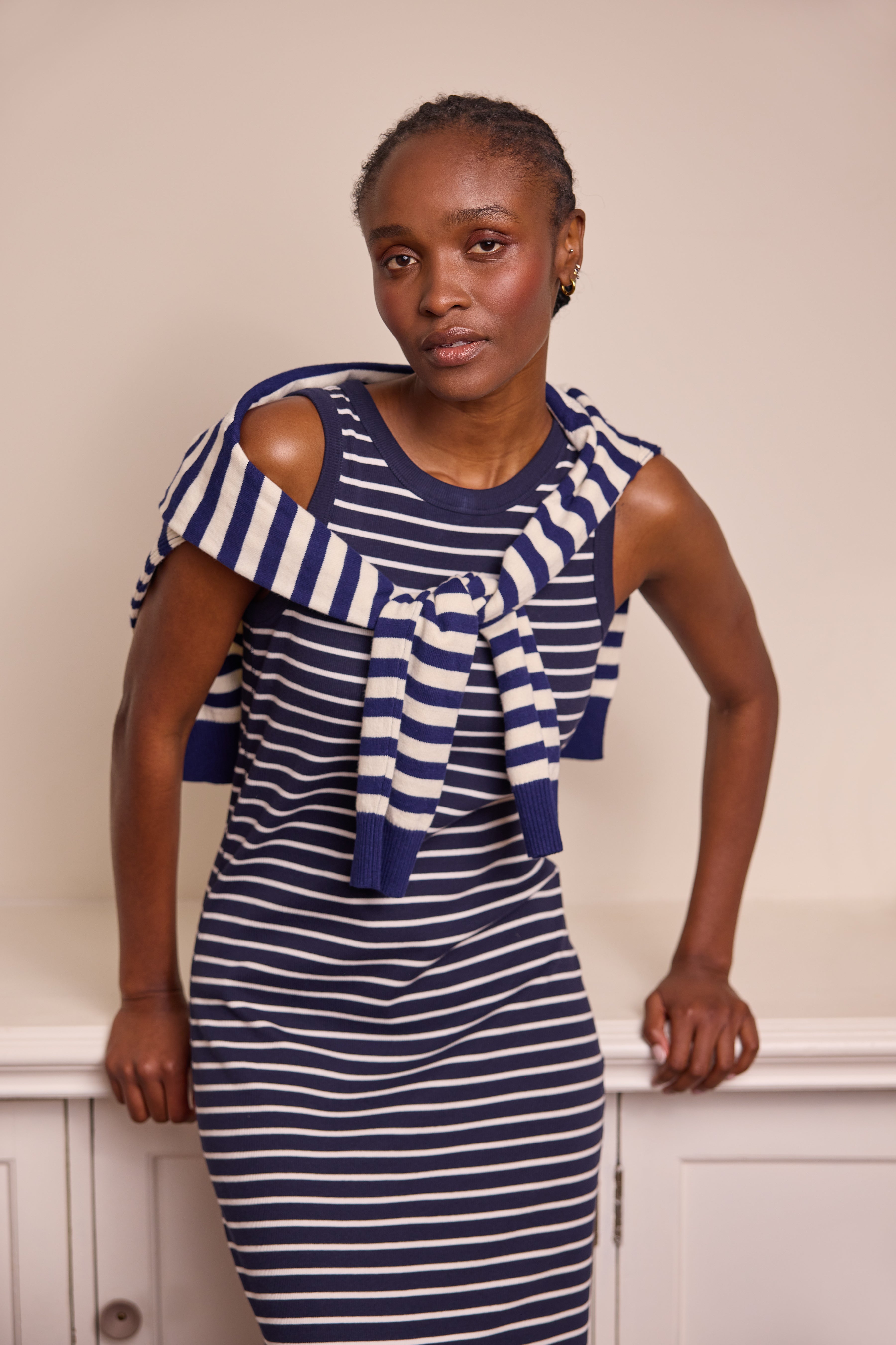 Model wearing Blue And White Striped Jersey Dresses 11 Loves