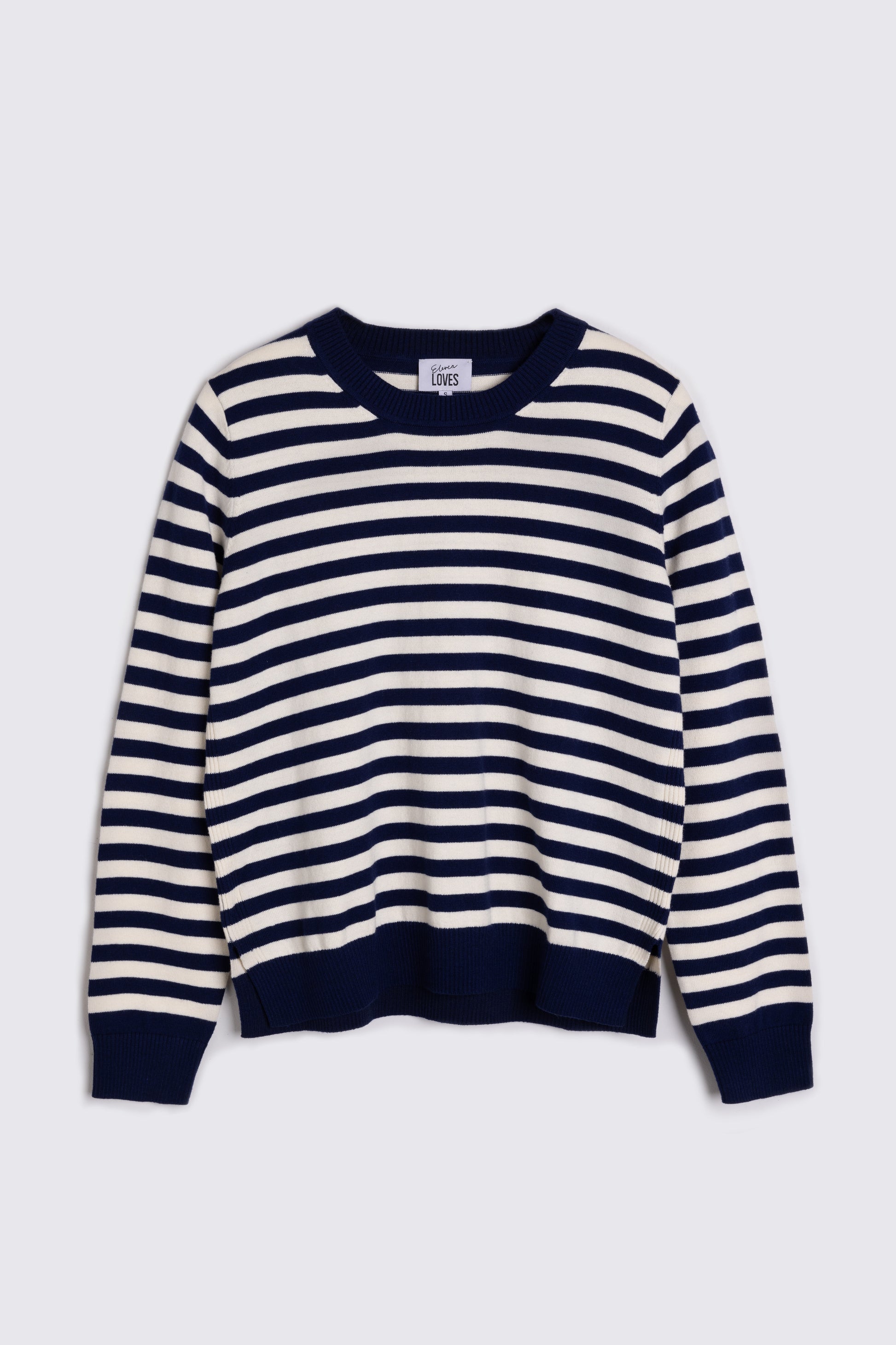 Blue and White Striped Jumper Eleven Loves on white background