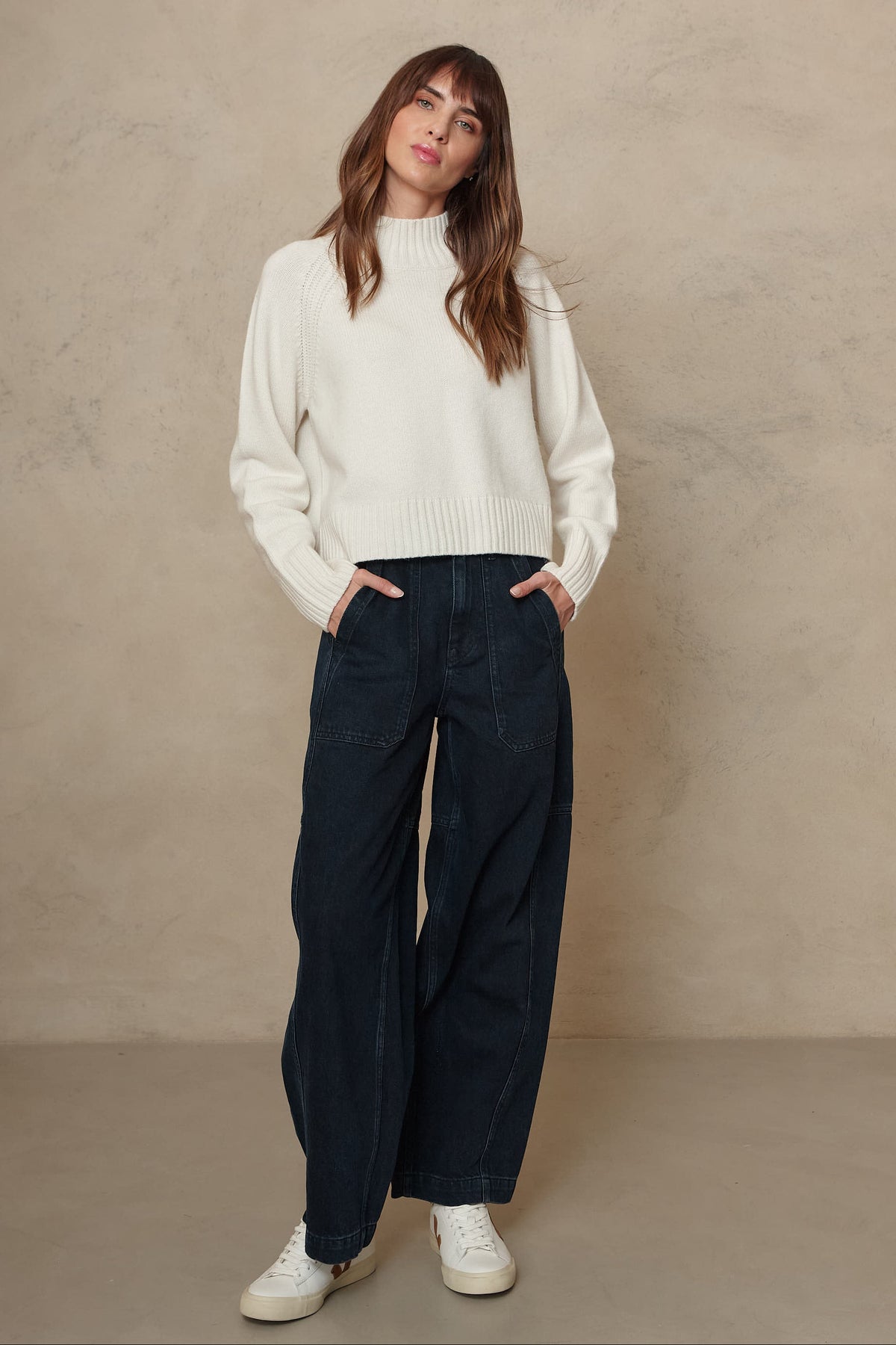 Blythe funnel neck cropped jumper in chalk worn with the Billie barrel leg jeans in blue black