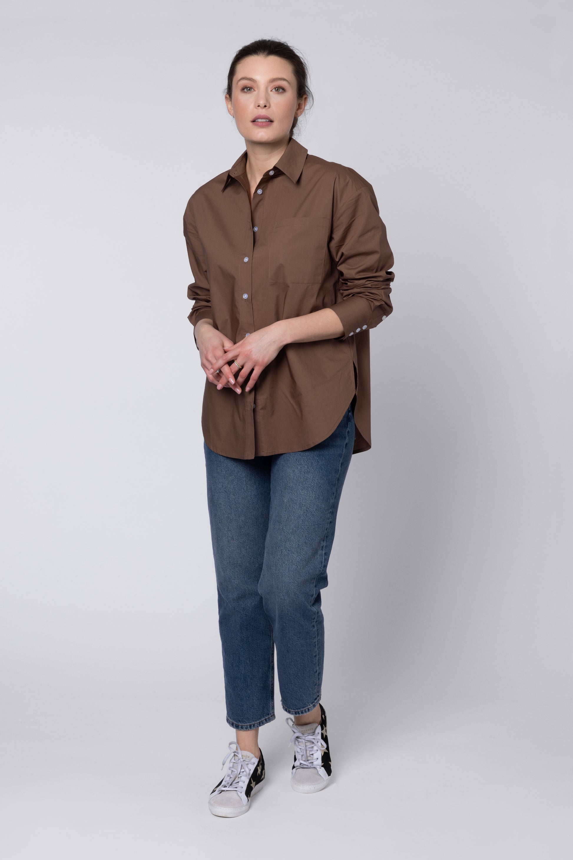 model wearing Brown Poplin Shirt Eleven Loves UK