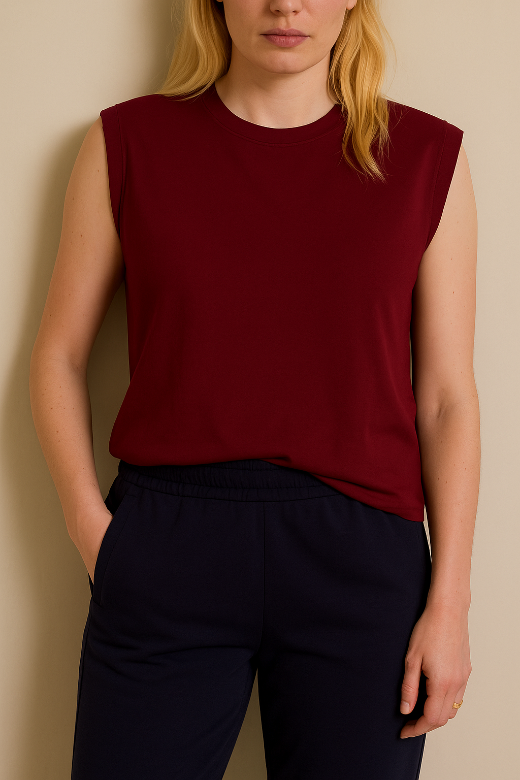 Person wearing a red sleeveless top and black pants against a beige background