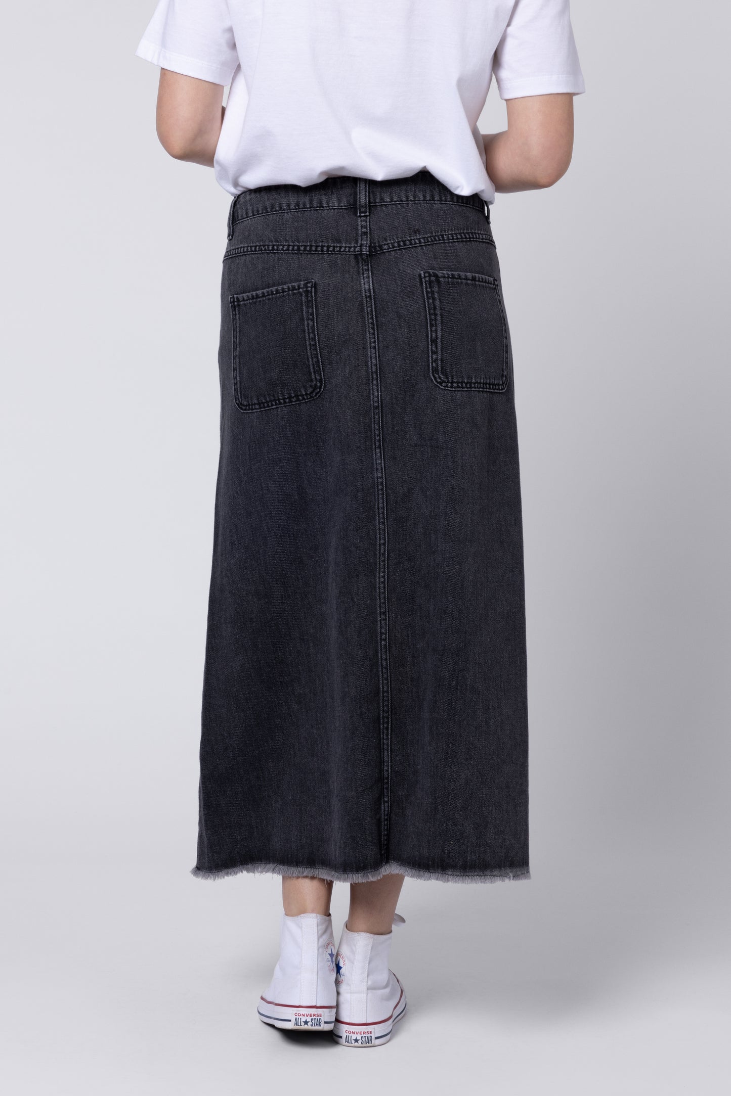 model wearing Button Front Jean Skirt Eleven Loves UK