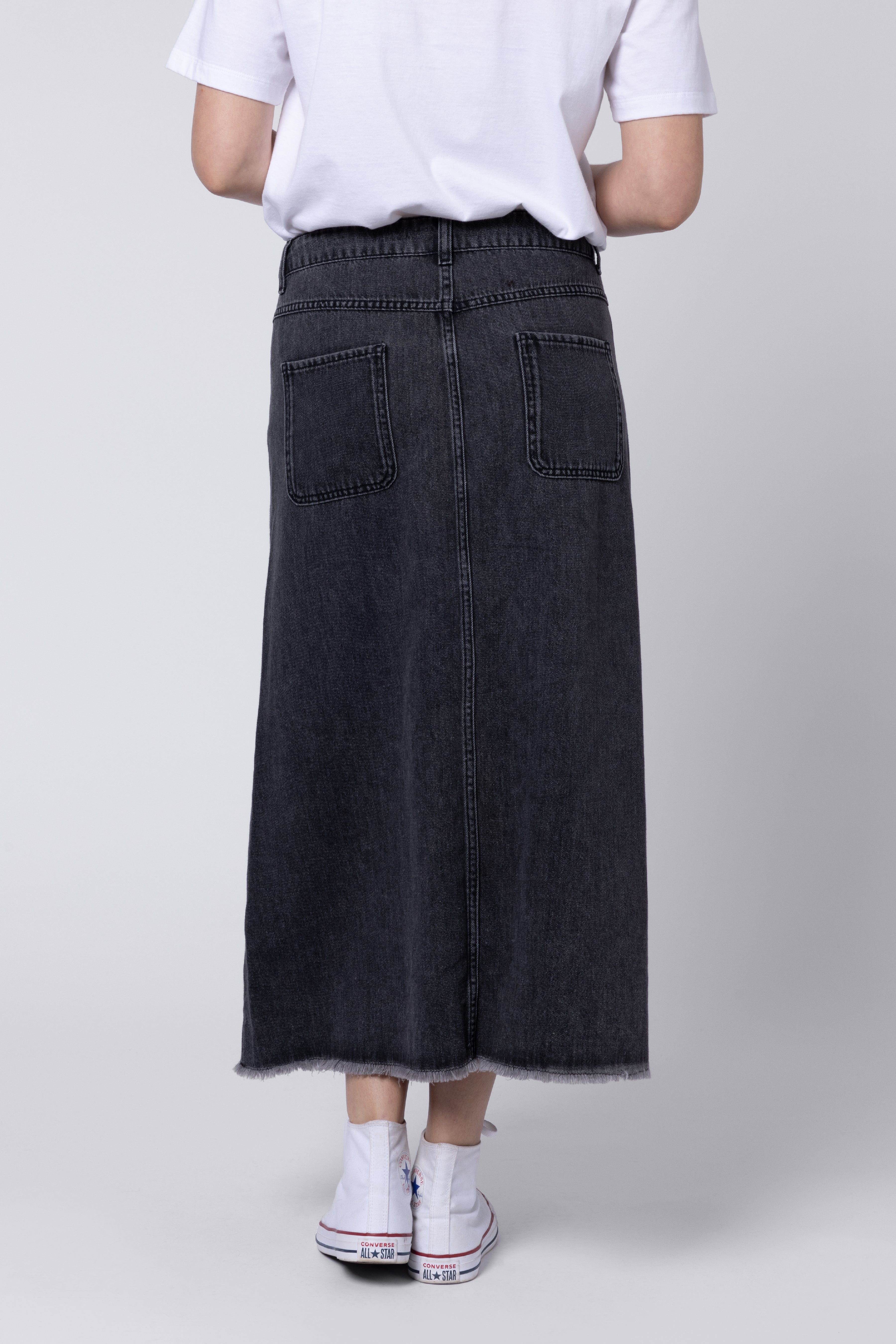 model wearing Button Front Jean Skirt Eleven Loves UK