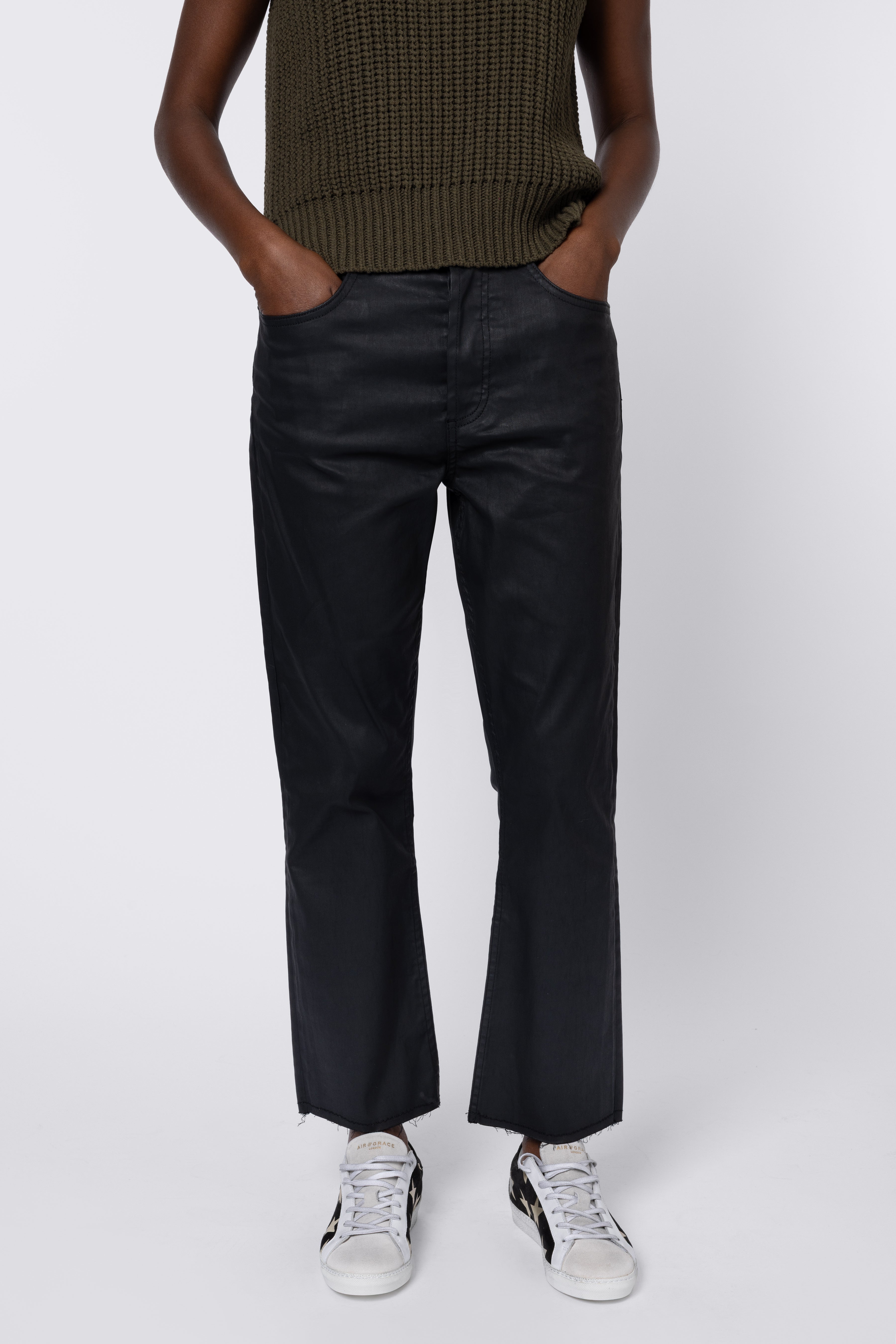 Kayla Coated Kick Flare Jeans - Black