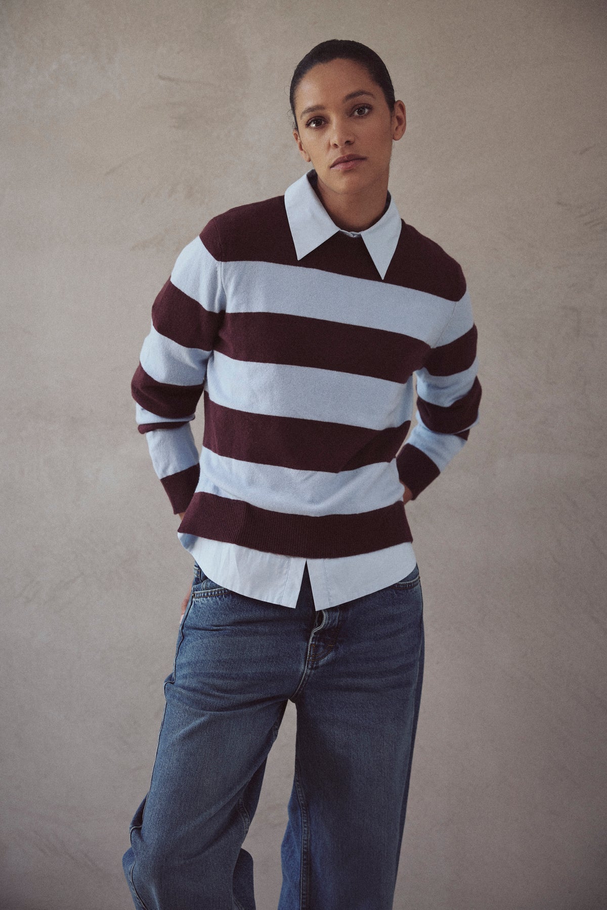 Camille cashmere blend striped jumper in sky blue and burgundy
