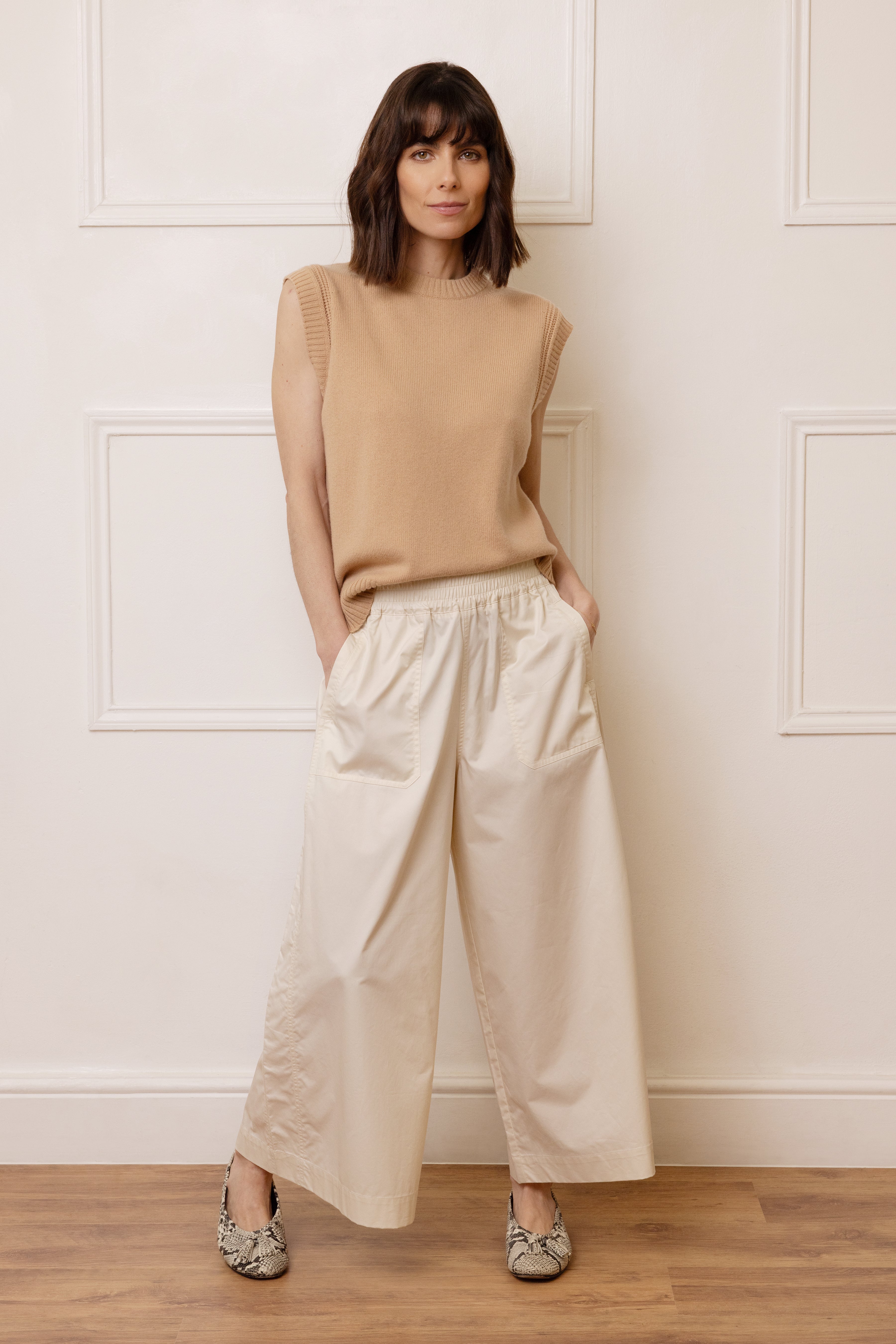 Cassie Wide Leg Cropped Trousers - Ecru - Eleven Loves