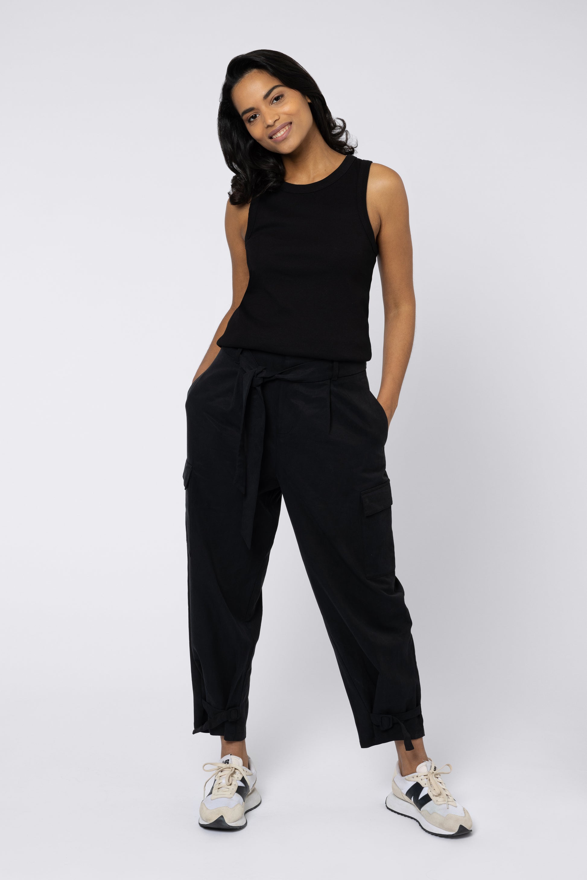 model wearing Charlotte Cargo Trouser Black Eleven Loves