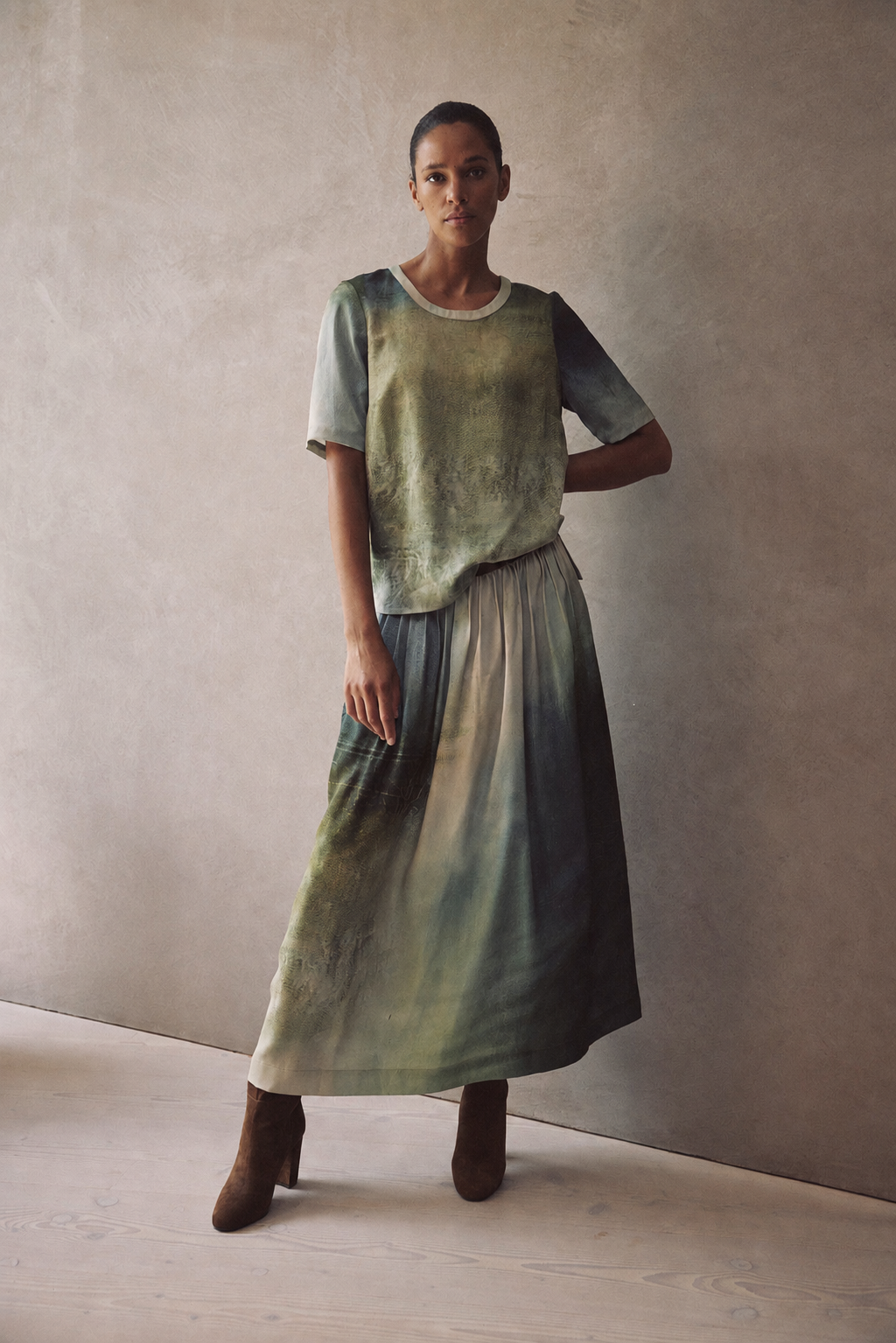 Claire Hankey abstract art print in soft green tones, Saffy printed midaxi skirt by Eleven Loves