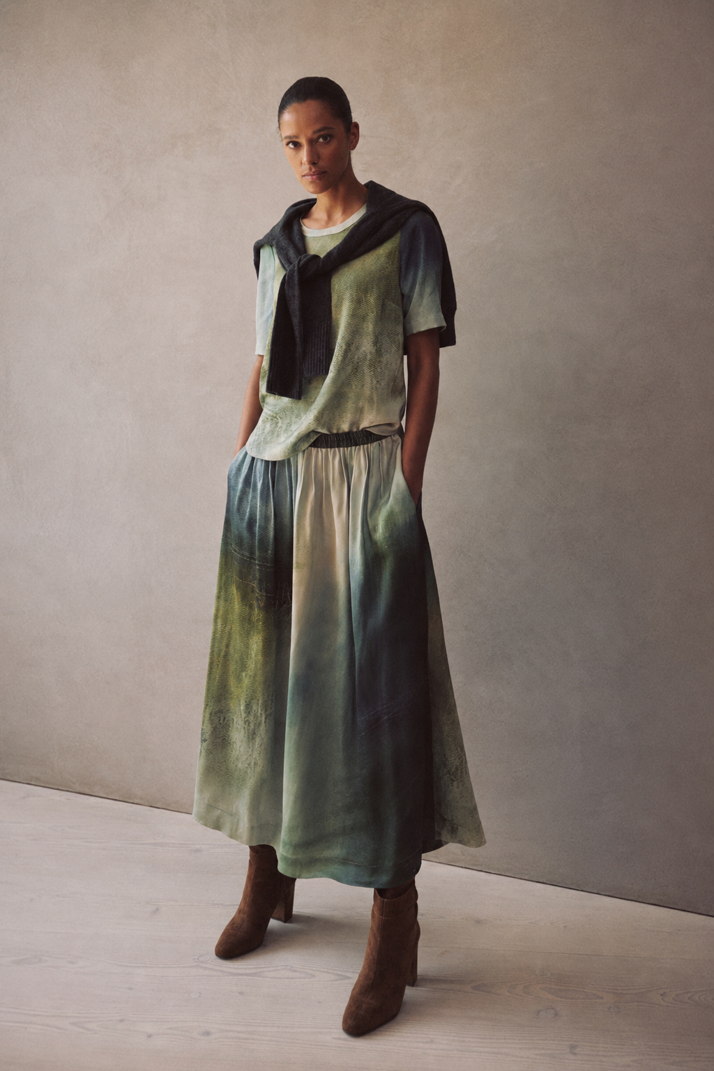 Saffy printed midaxi skirt styled as a co-ord with the Faye art print satin T Shirt, a charcoal knit and brown suede ankle boots