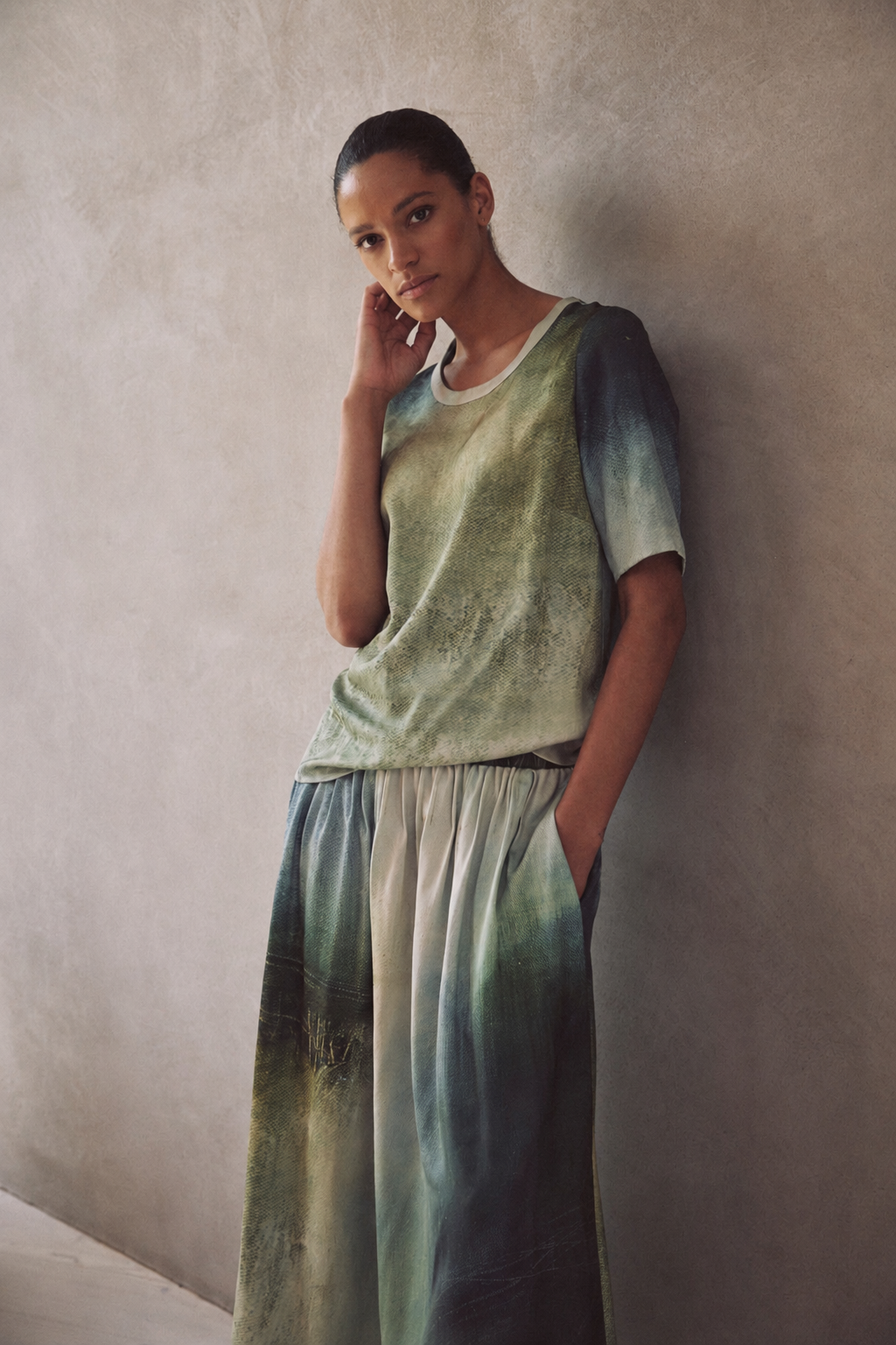 Faye art print satin T Shirt in soft green tones, worn with the matching Saffy printed midaxi skirt