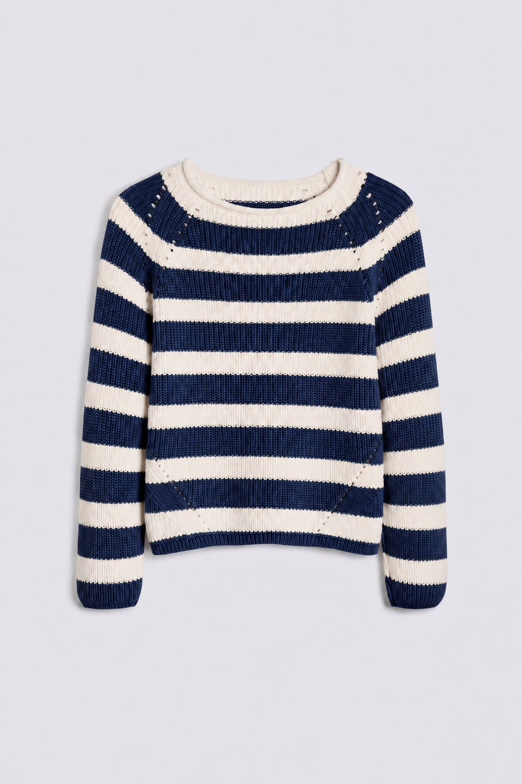 Polly navy striped pointelle jumper in 100 percent organic cotton, product view