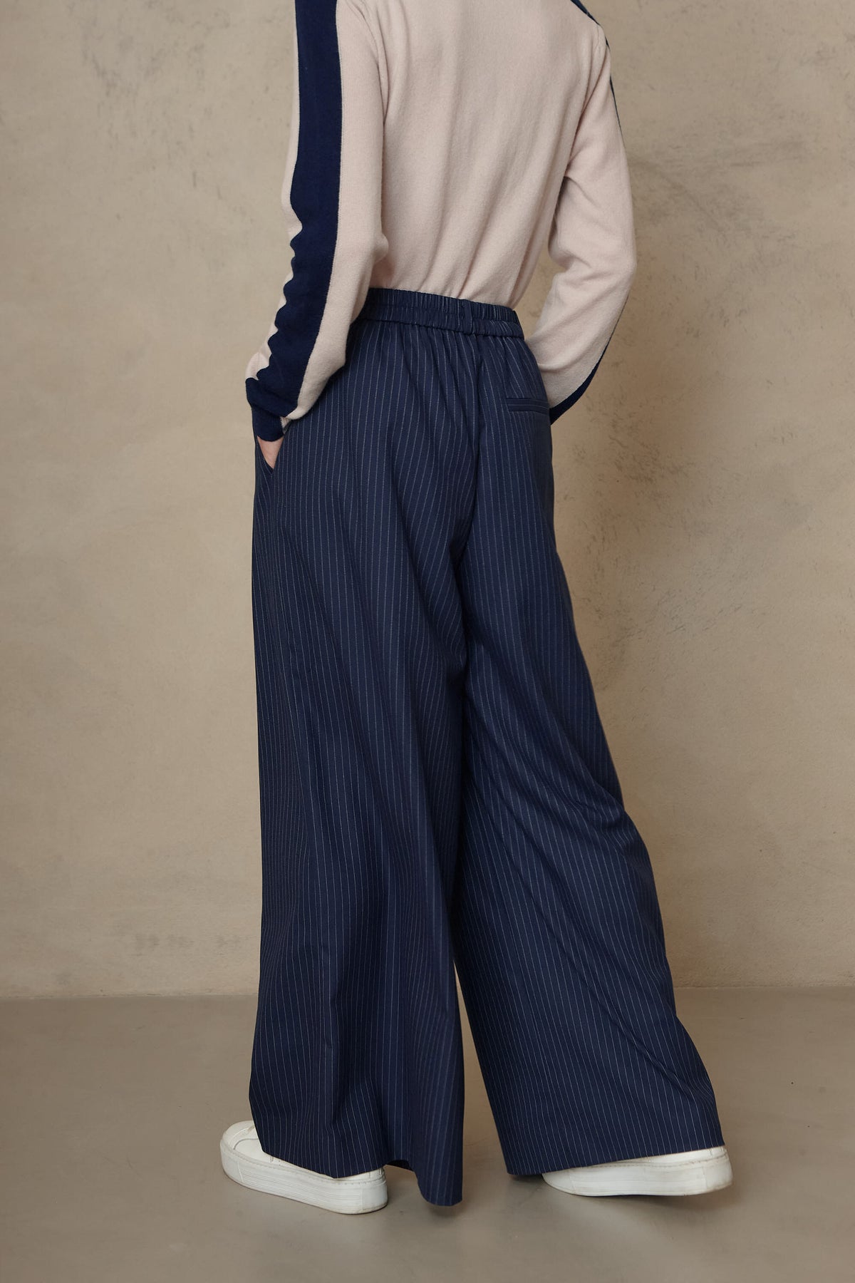 Dora Wide Leg Trousers - Navy Pinstripe