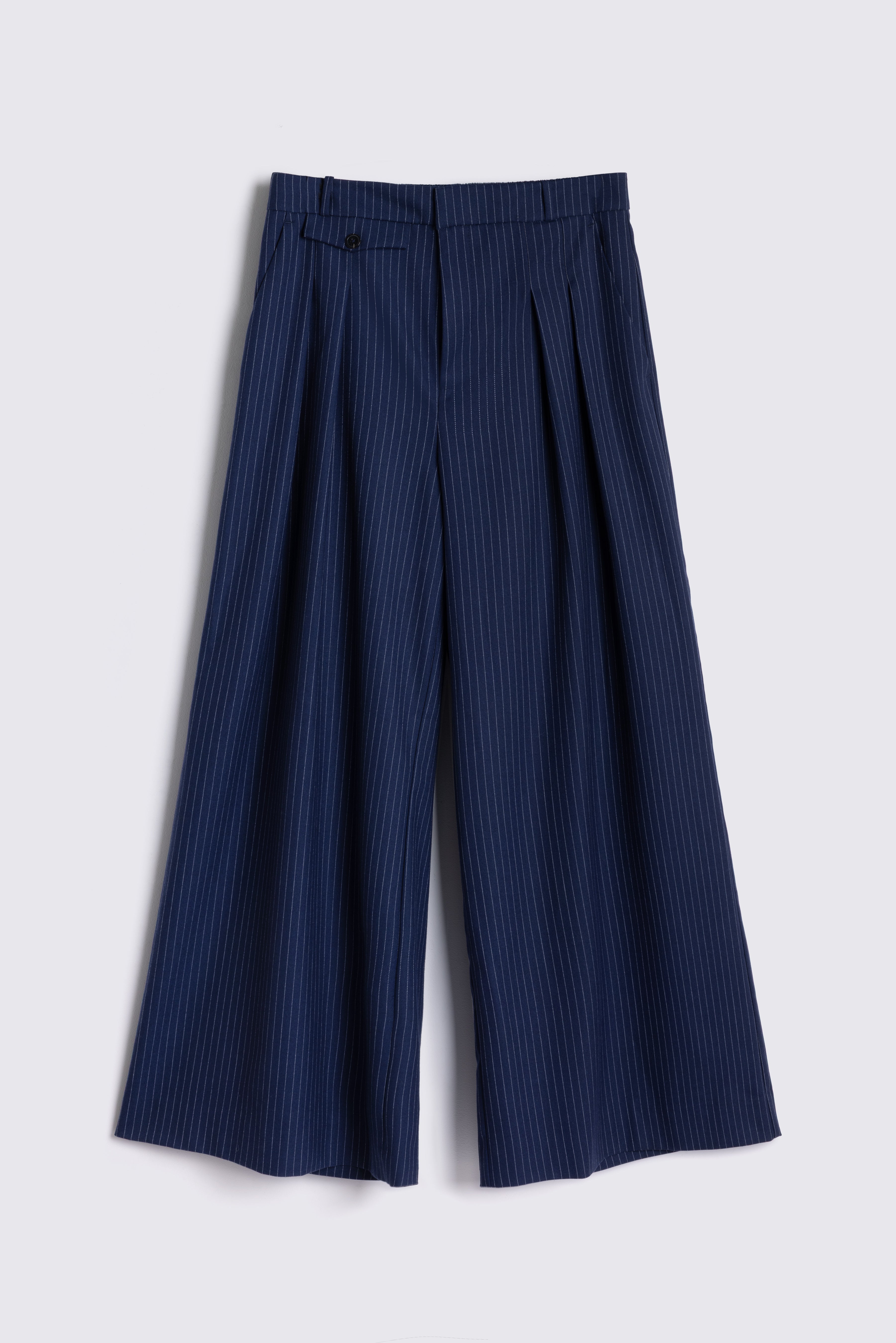 Dora Wide Leg Trousers - Navy Pinstripe