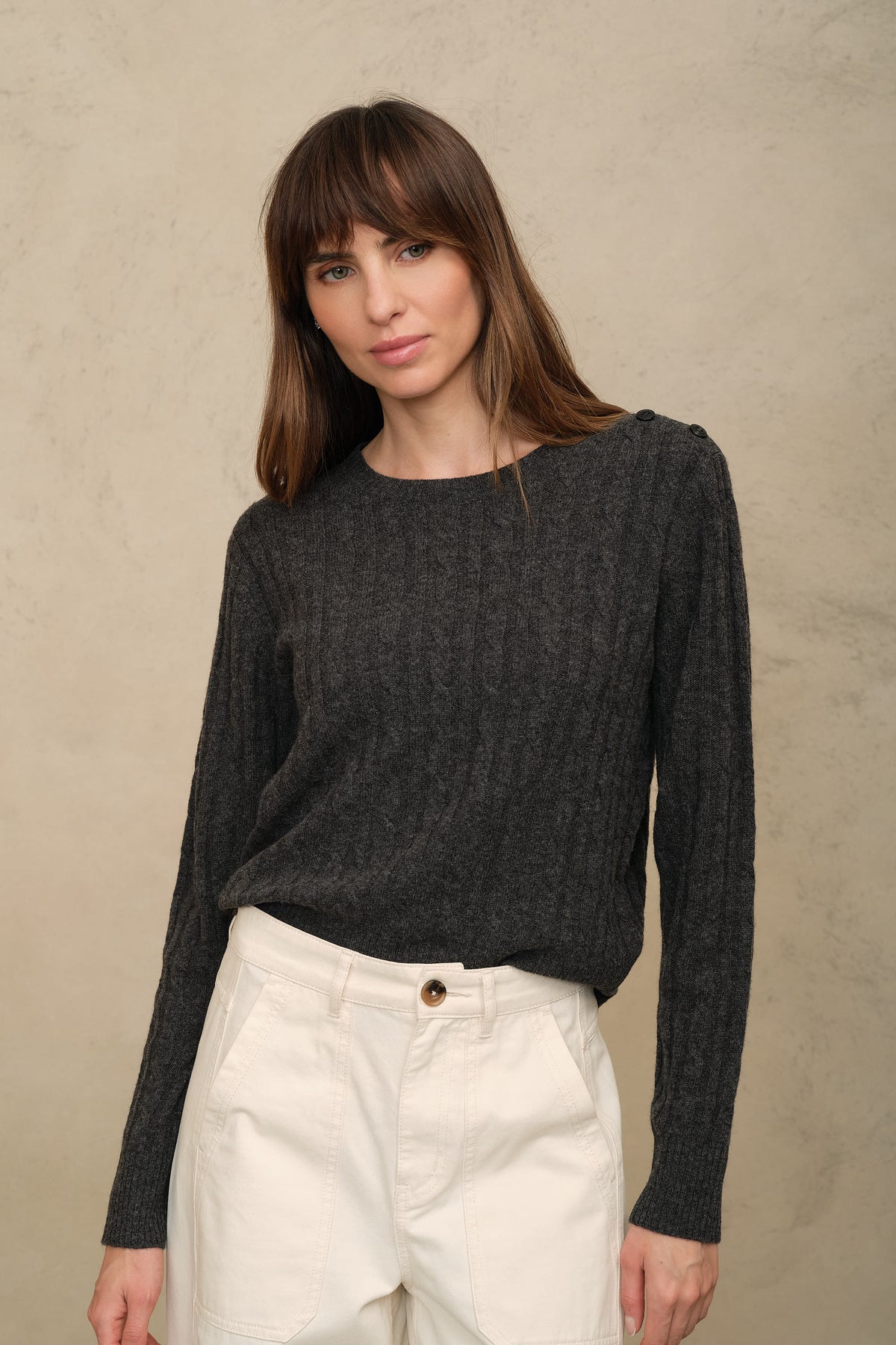 Grey cable knit jumper, the Cory in charcoal with contrast shoulder buttons