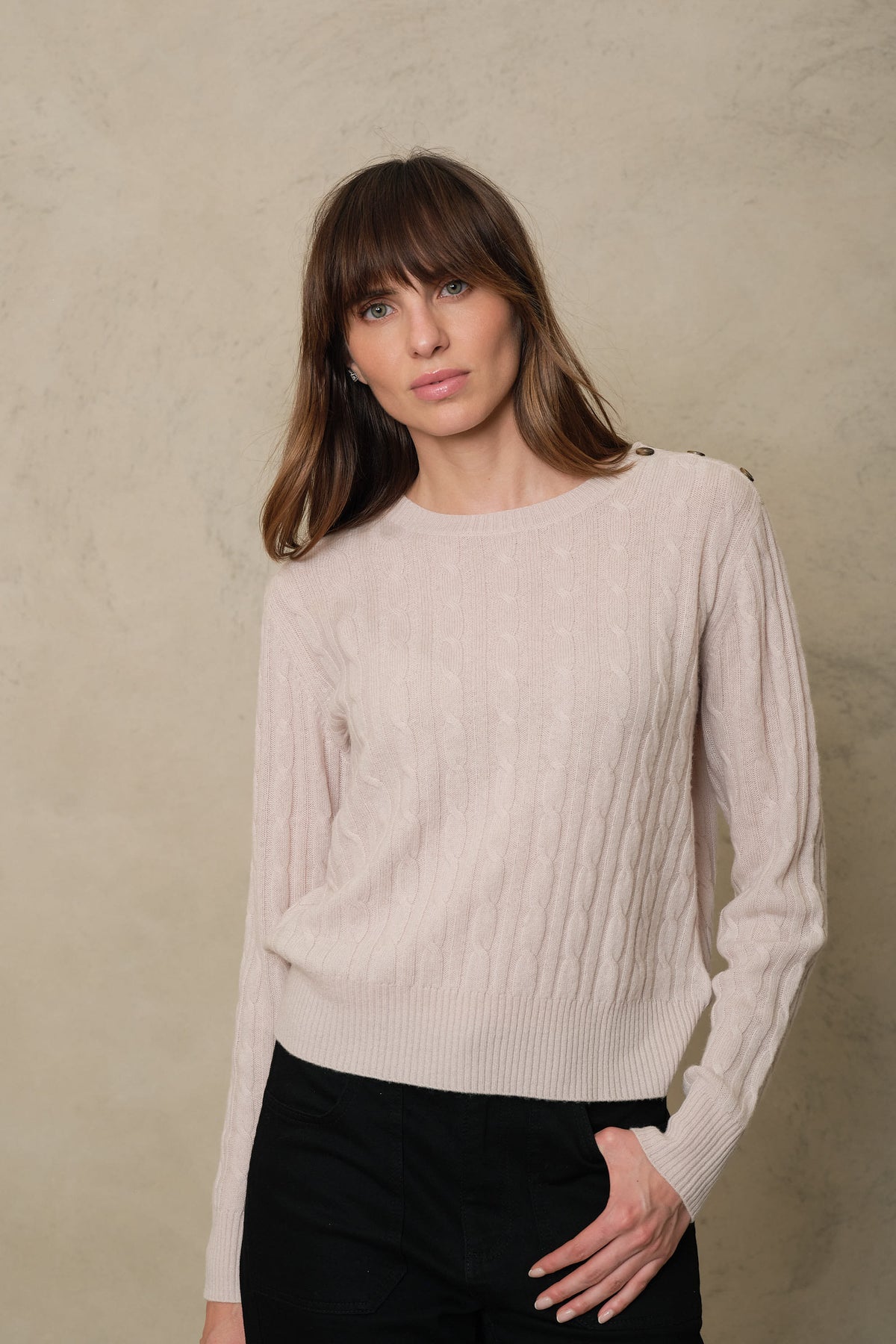 Cream cable knit jumper, the Cory in soft stone with contrast shoulder buttons
