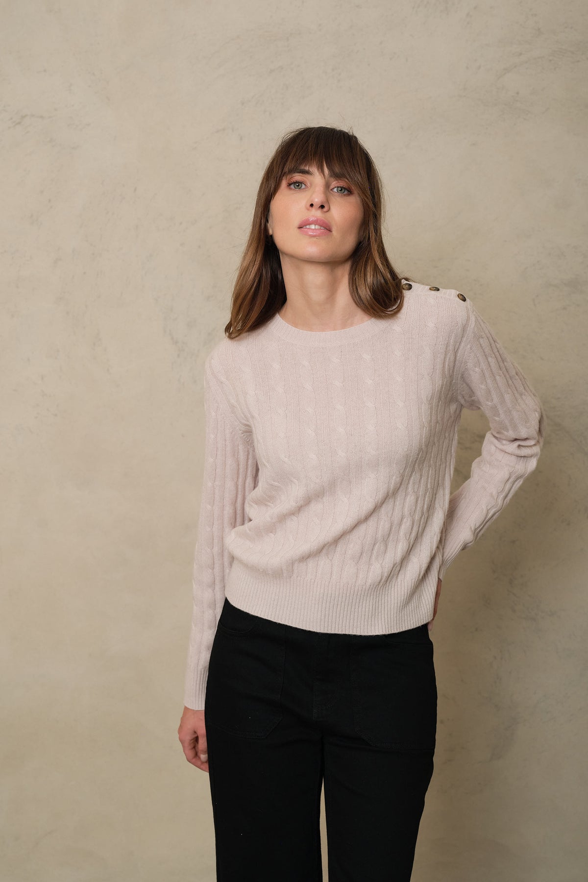Soft stone cable knit jumper in a wool and cashmere blend, crew neck