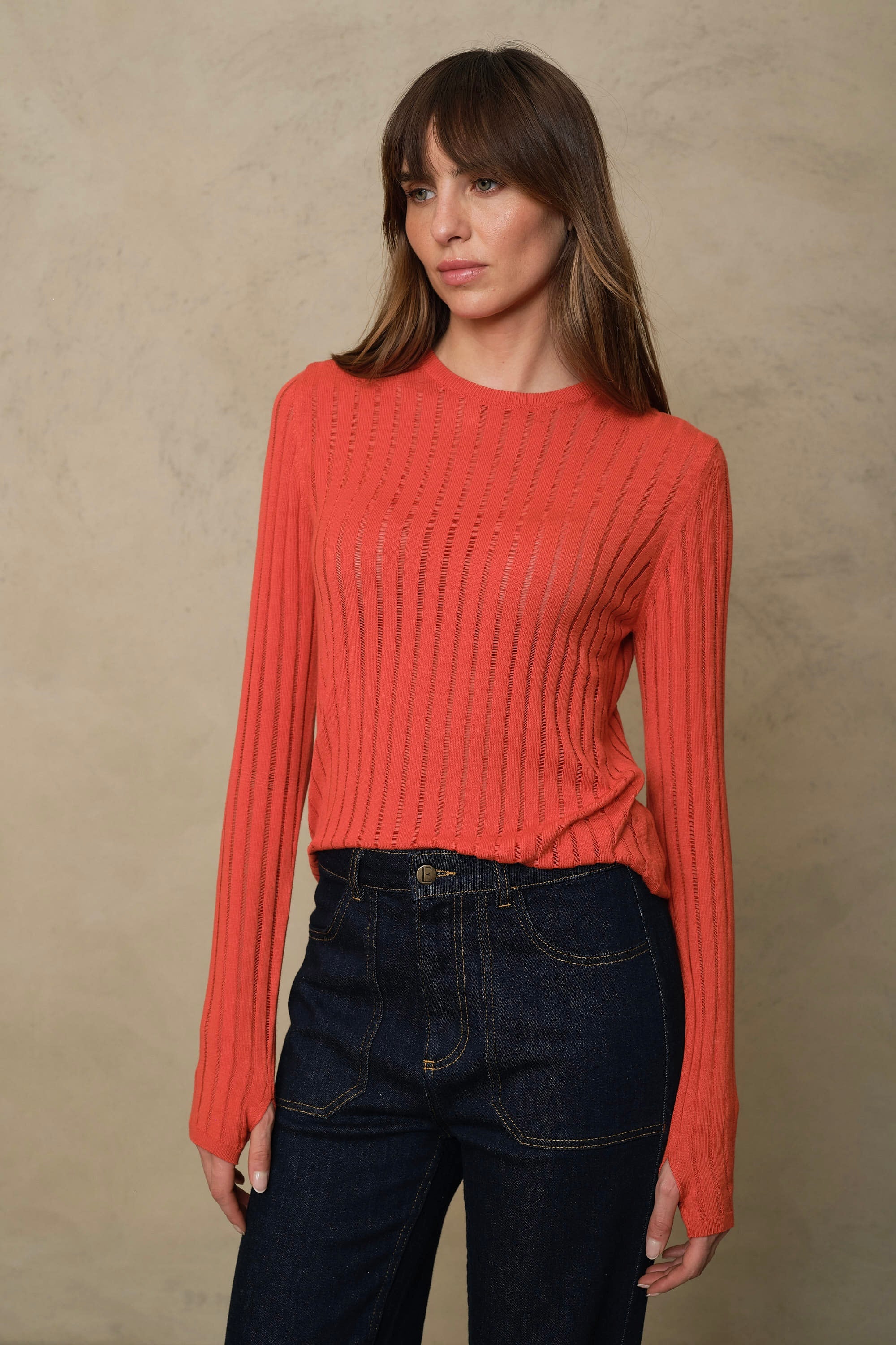 Iggy Sheer Rib Jumper - Burnt Orange