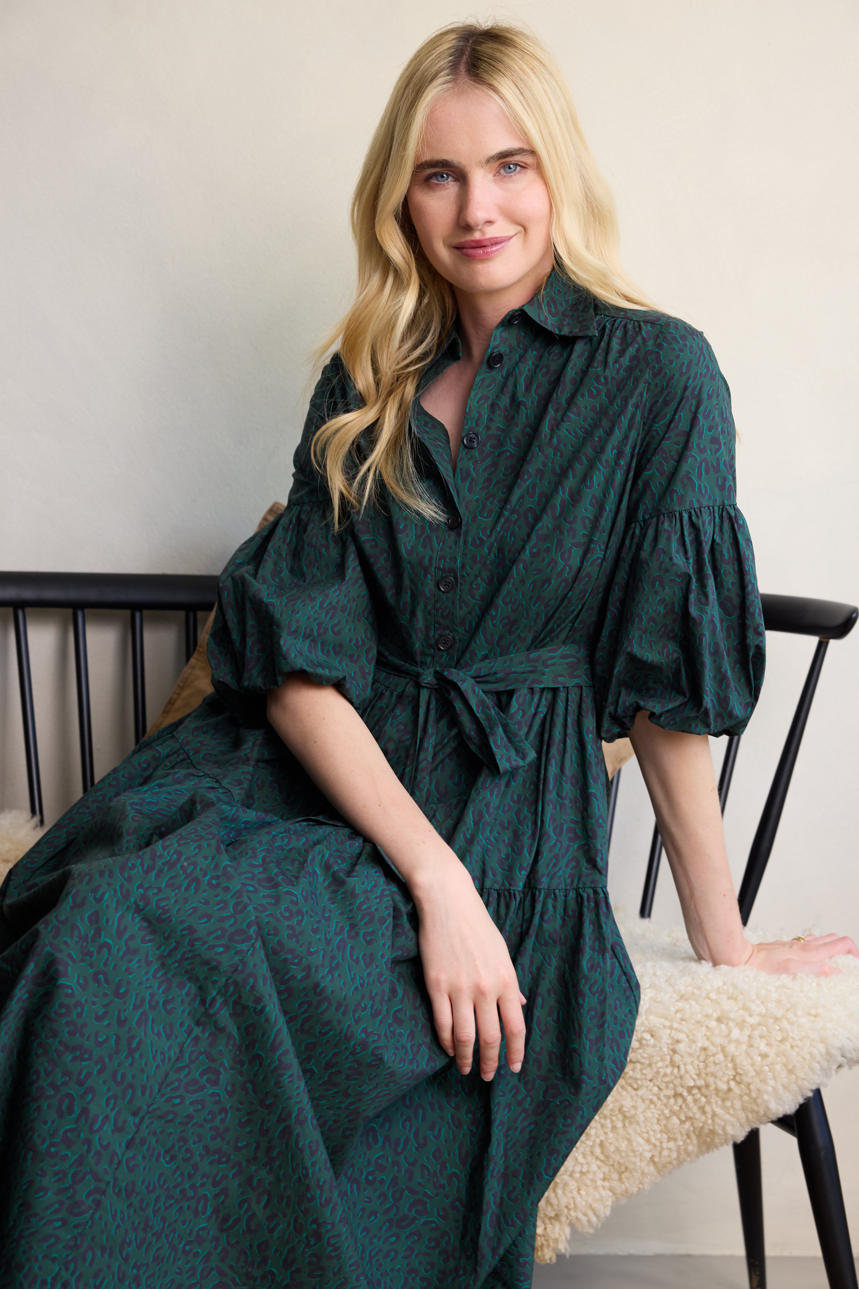 Elise Balloon Sleeve Dress - Teal Leopard
