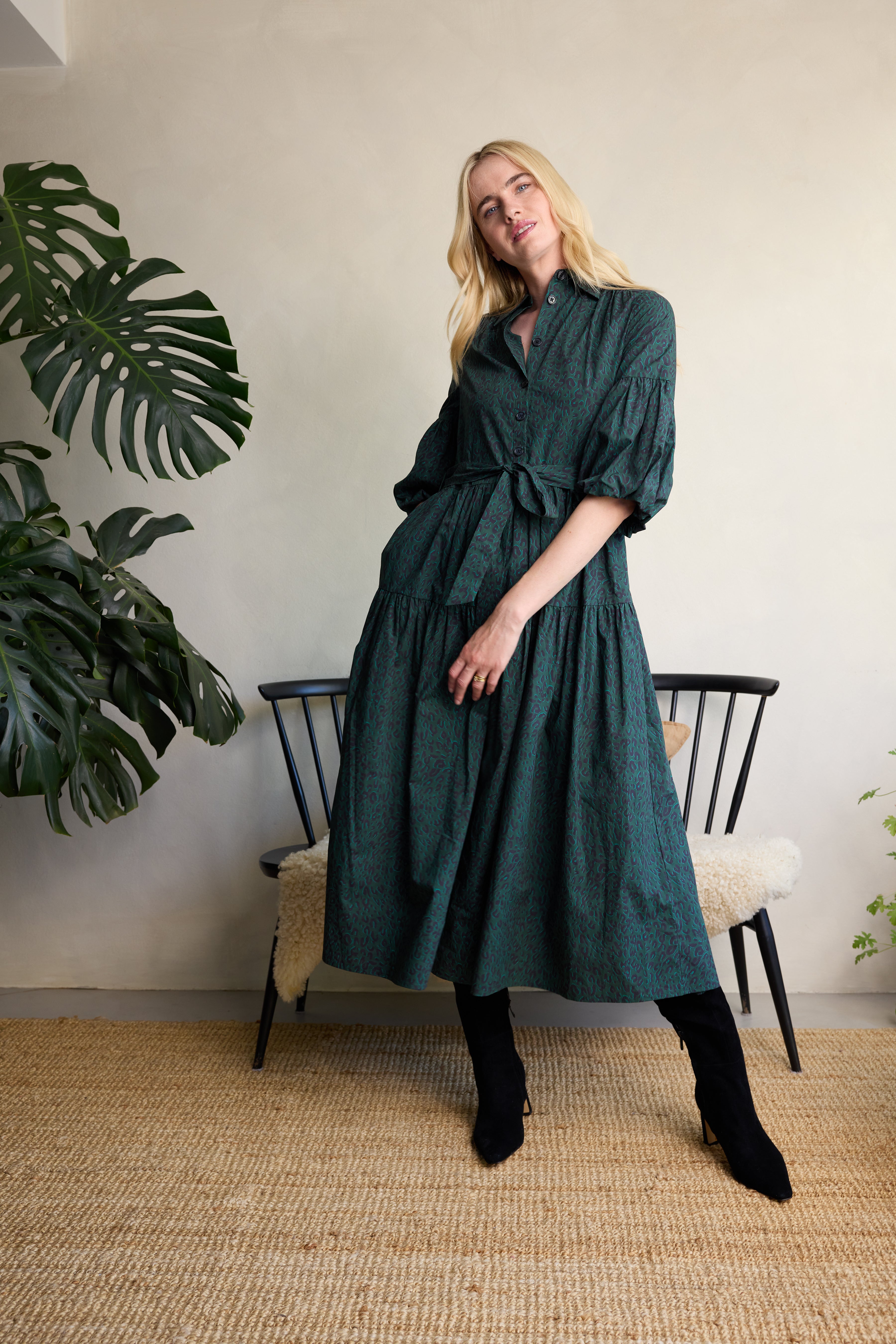 Elise Balloon Sleeve Dress - Teal Leopard