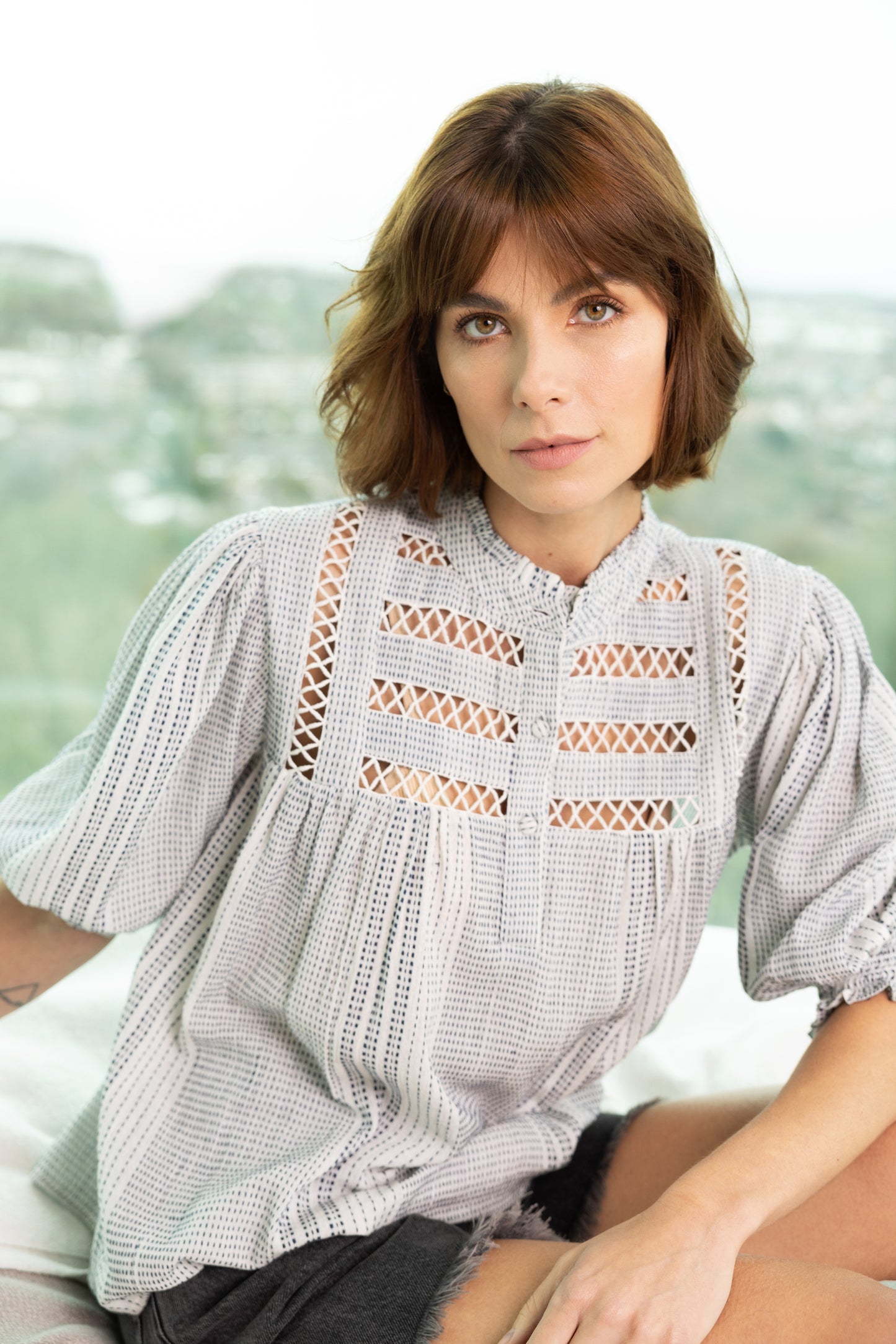 ellen stripe blouse cross hatch detail style blouse  blue and white blouse puff sleeve eleven loves 11loves ellen loves sustainable