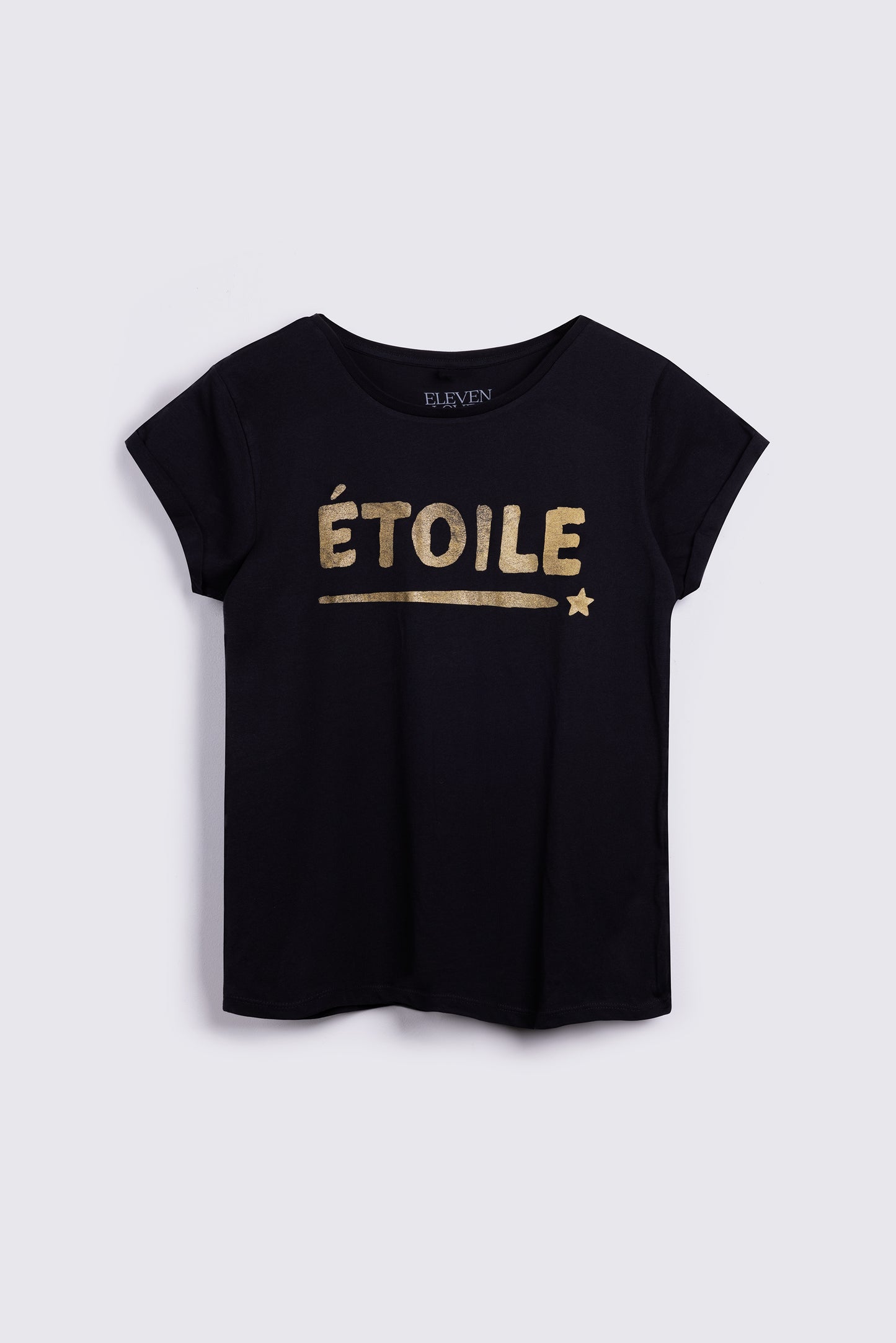 ETOILE T-SHIRT SPARKLE GLITTER BLACK AND GOLD NEAT-FIT T-SHIRT ELEVEN LOVES 11LOVES ELLEN LOVES