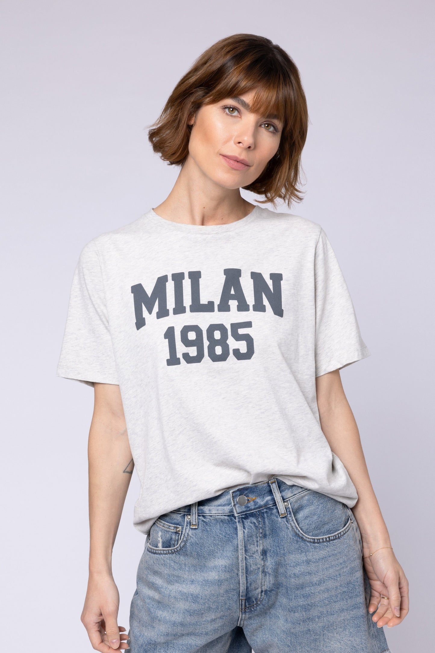 milan boyfriend t-shirt boxy t-shirt grey marl slogan t-shirt eleven loves 11loves ellen loves