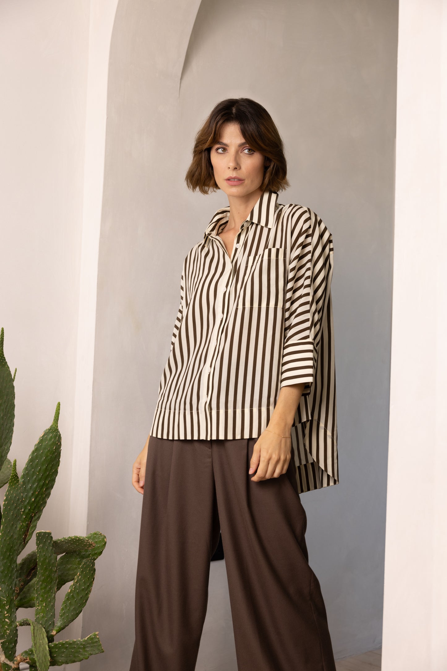 Olivia Oversized Striped Shirt (White/Chocolate)