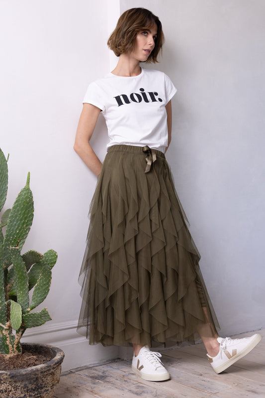 IRIS MULTI-RIBBON TULLE MAXI SKIRT (OLIVE)