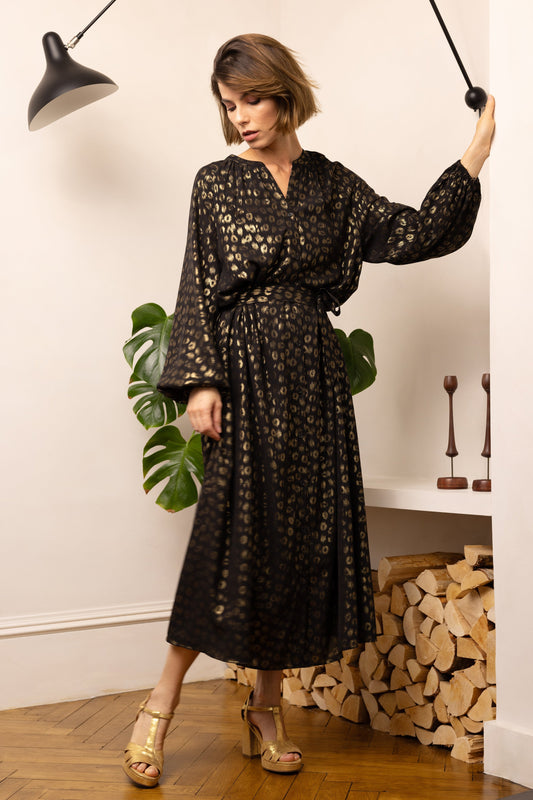 LAURA LEOPARD PRINT SHIRT DRESS (BLACK/GOLD)