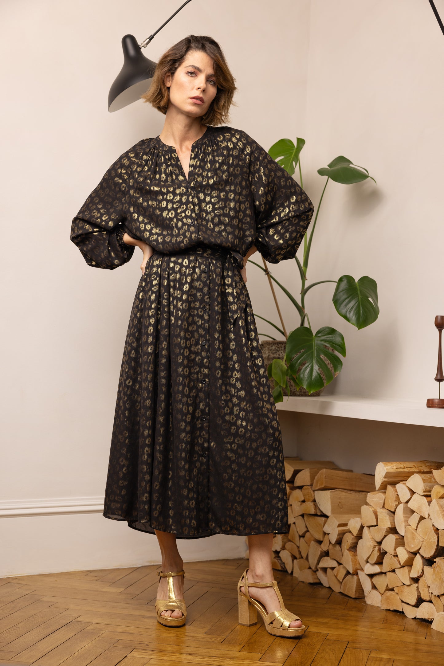 Laura Leopard Print Shirt Dress (Black/Gold)