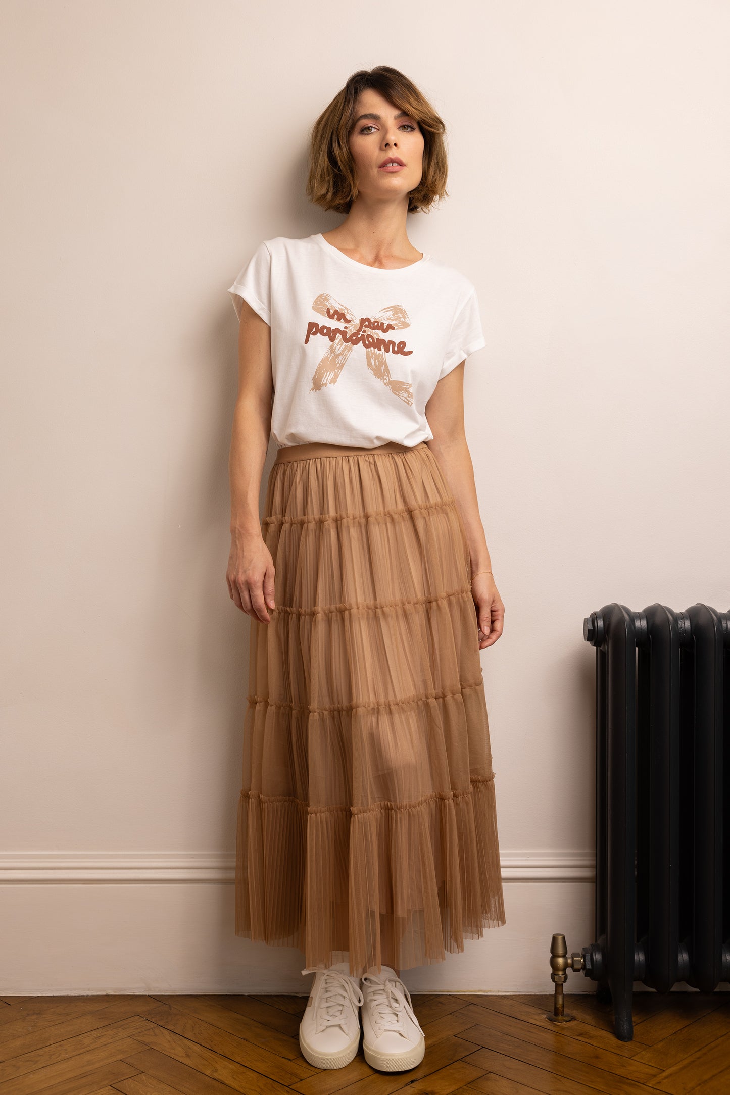 PEARL PLEATED TULLE SKIRT (CARAMEL)