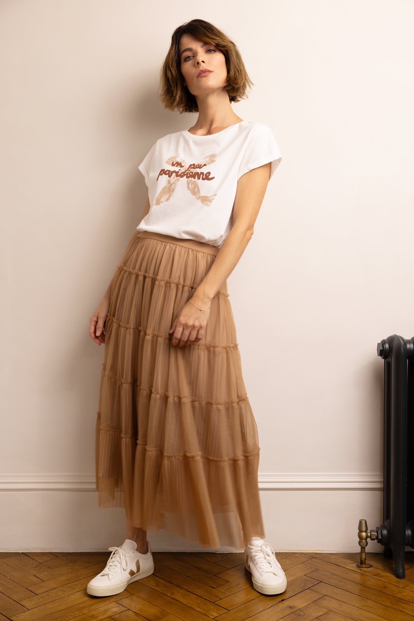 PEARL PLEATED TULLE SKIRT (CARAMEL)