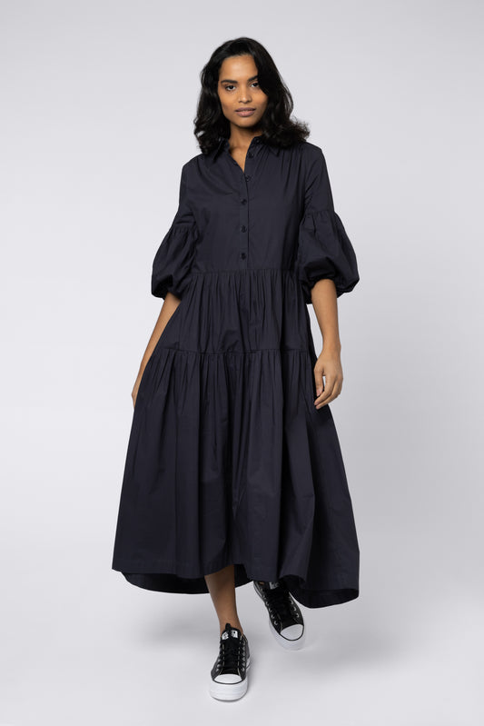 elise balloon sleeve dress puff sleeve dress midaxi dress draped hem black cotton flowy dress ellen loves 11loves elevenloves