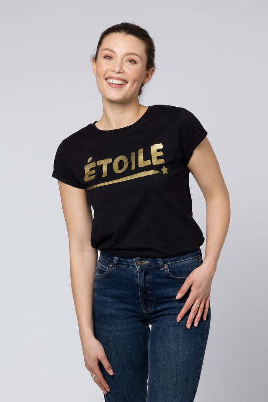 ETOILE T-SHIRT SPARKLE GLITTER BLACK AND GOLD NEAT-FIT T-SHIRT ELEVEN LOVES 11LOVES ELLEN LOVES