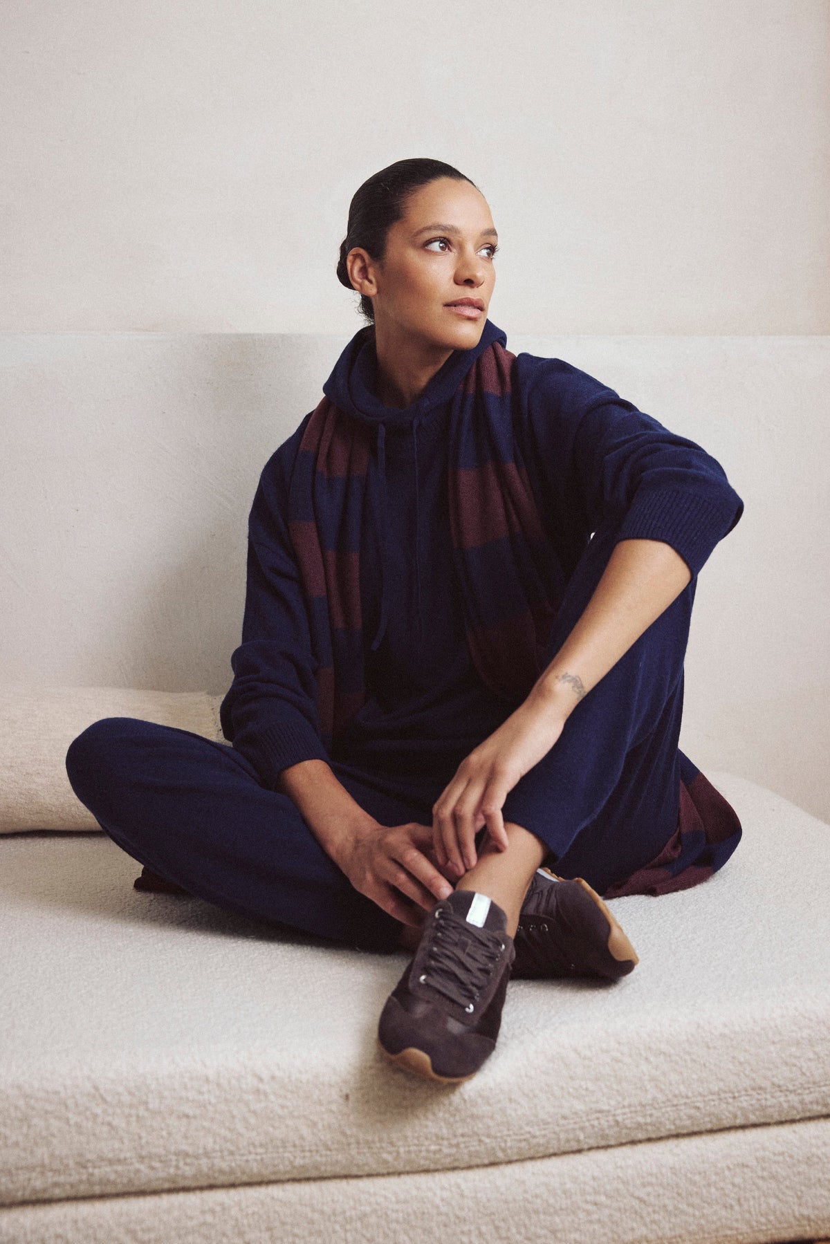 Navy hoodie for women, the Heidi cashmere blend hoodie with a detachable hood