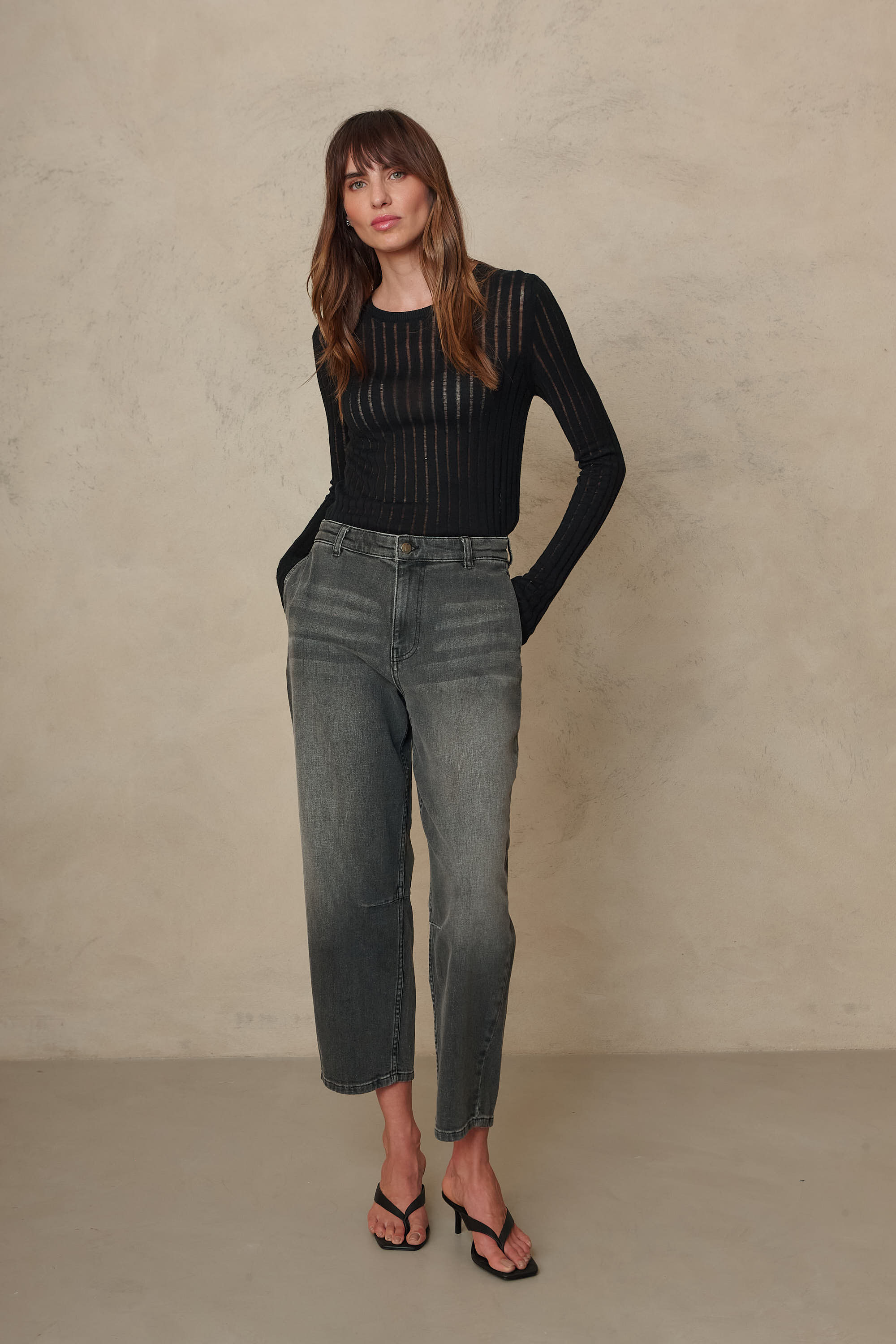 Iggy black sheer rib jumper styled with the Emmie barrel leg jeans in washed black
