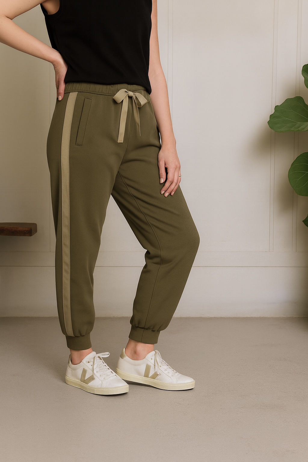 Person wearing olive green jogger pants with a white background