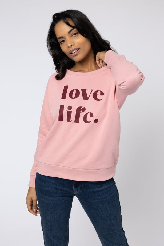 love life sweatshirt pink and burgundy slogan womens sweatshirt pink pop of colour ellen loves eleven loves 11loves sustainable 