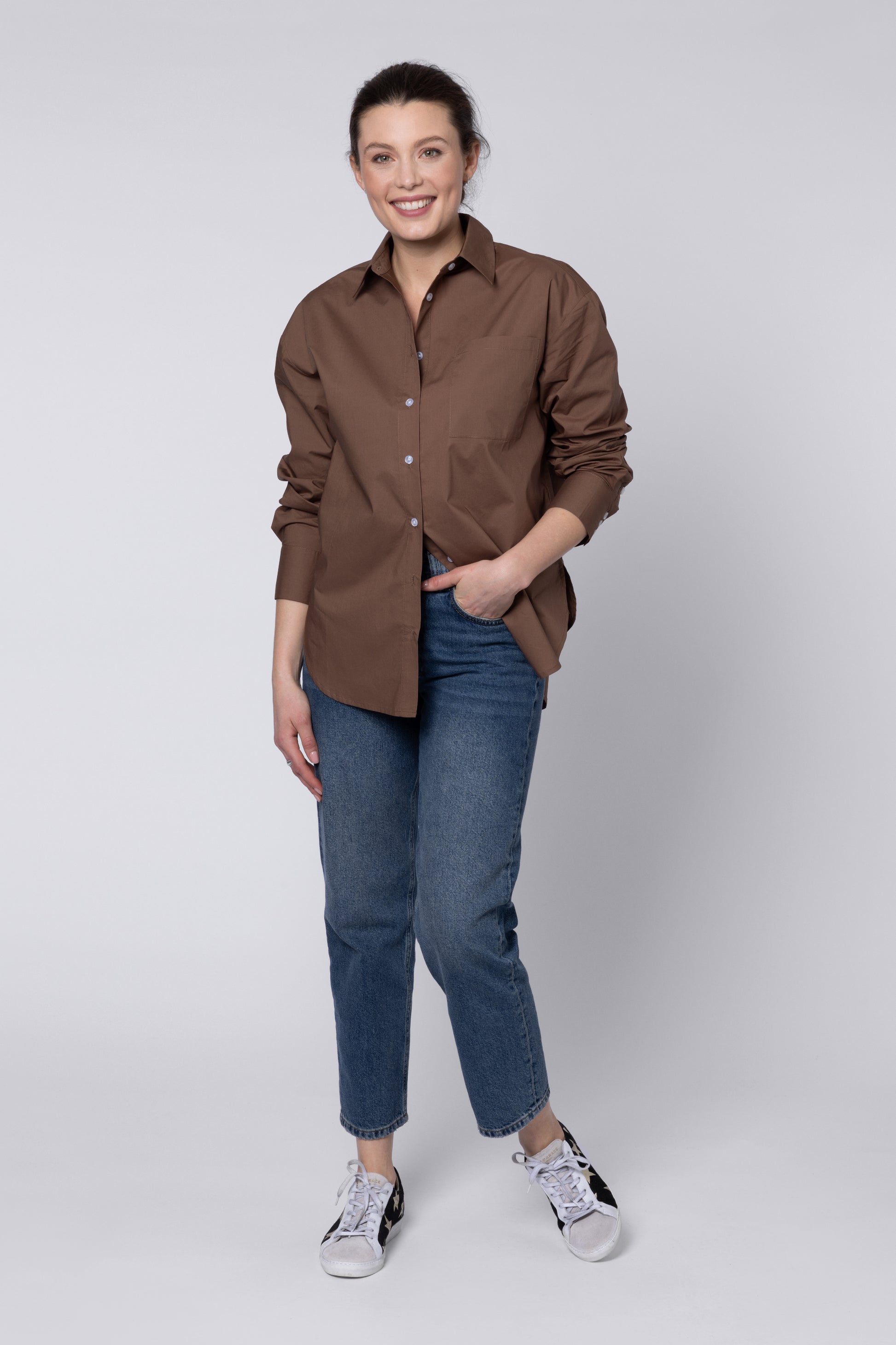 model wearing Ladies Brown Shirt Eleven Loves UK