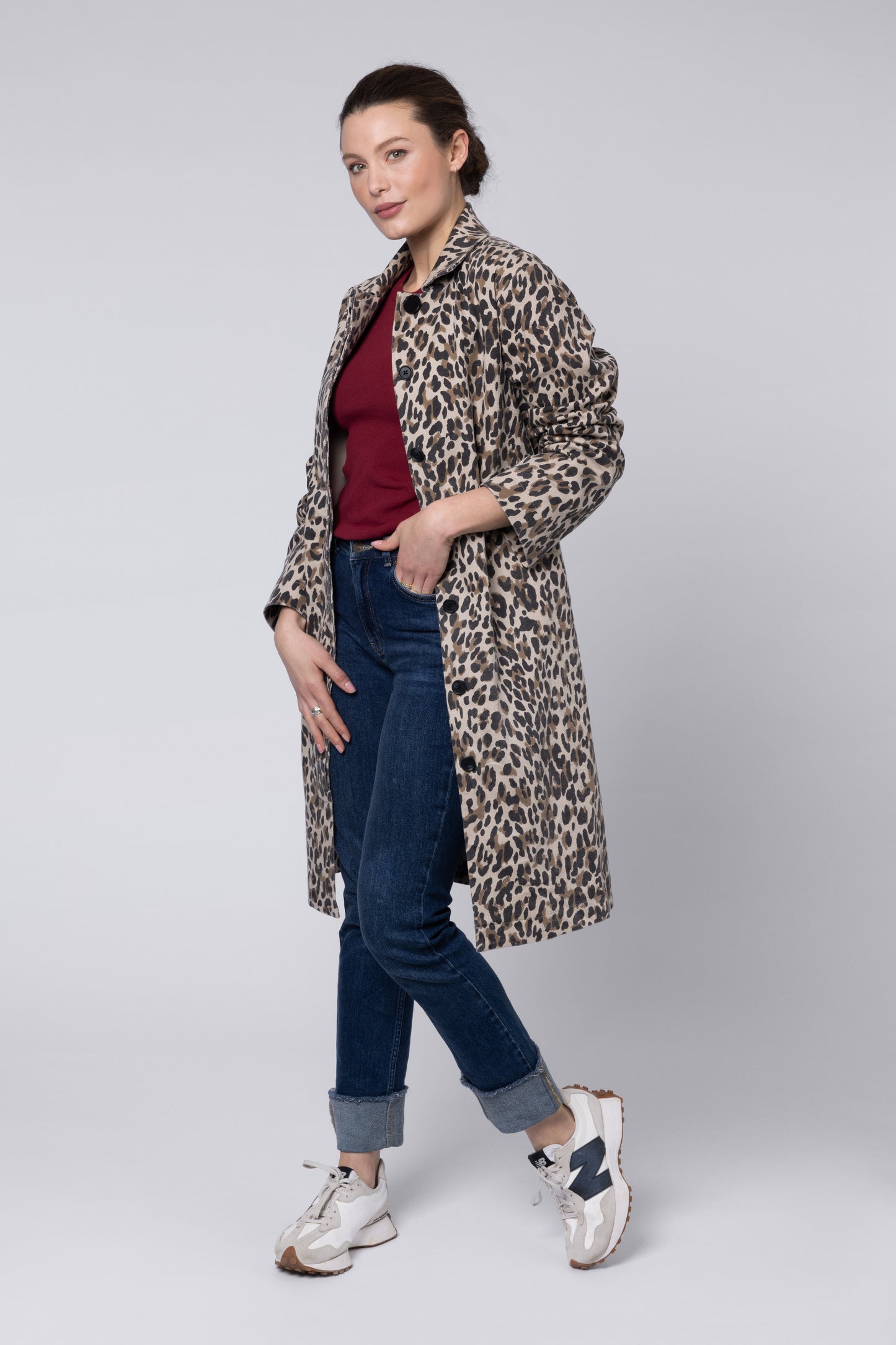 model wearing Laurie Leopard Print Coat Eleven Loves