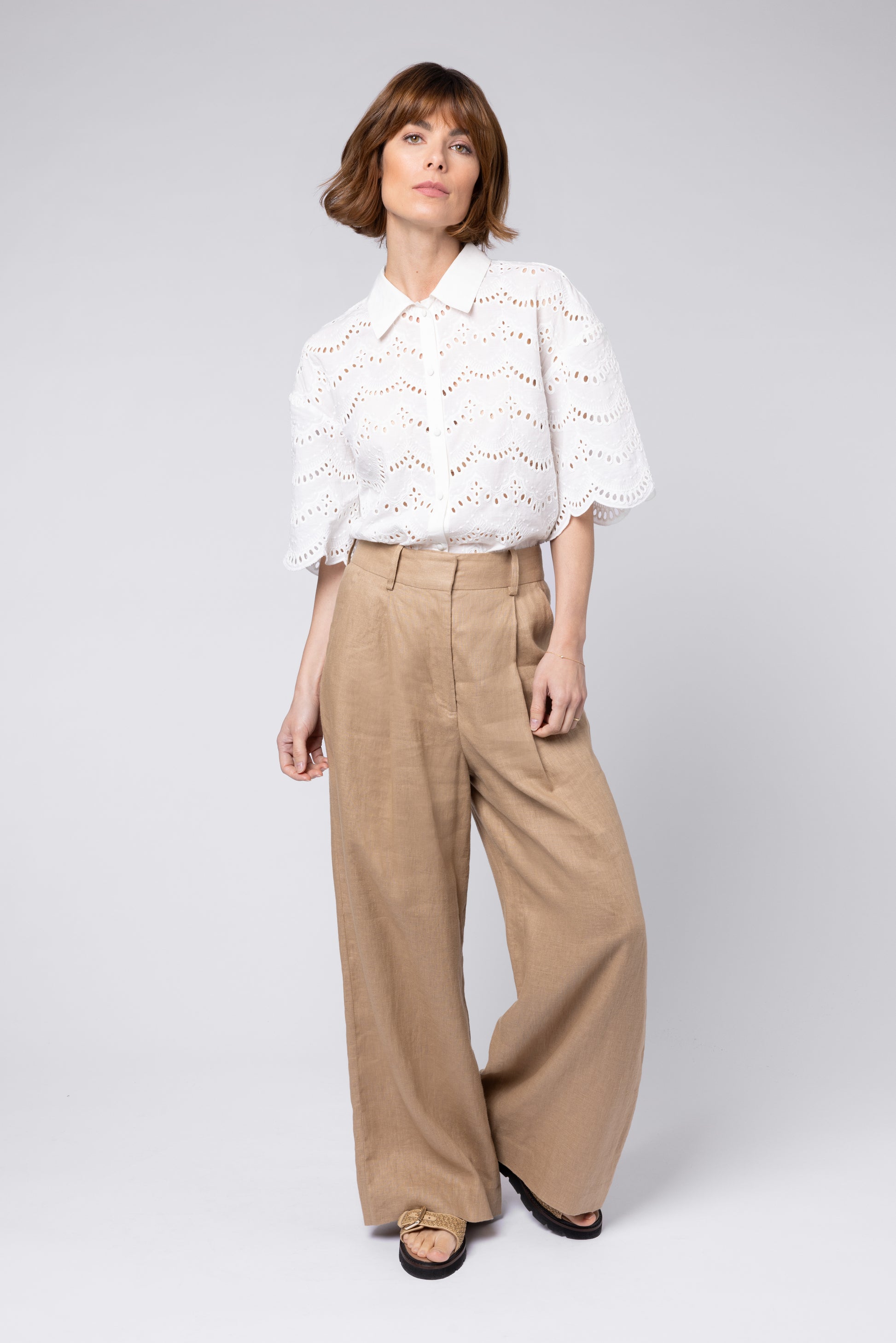 Model wearing Leah Linen Trousers Neutral Eleven Loves