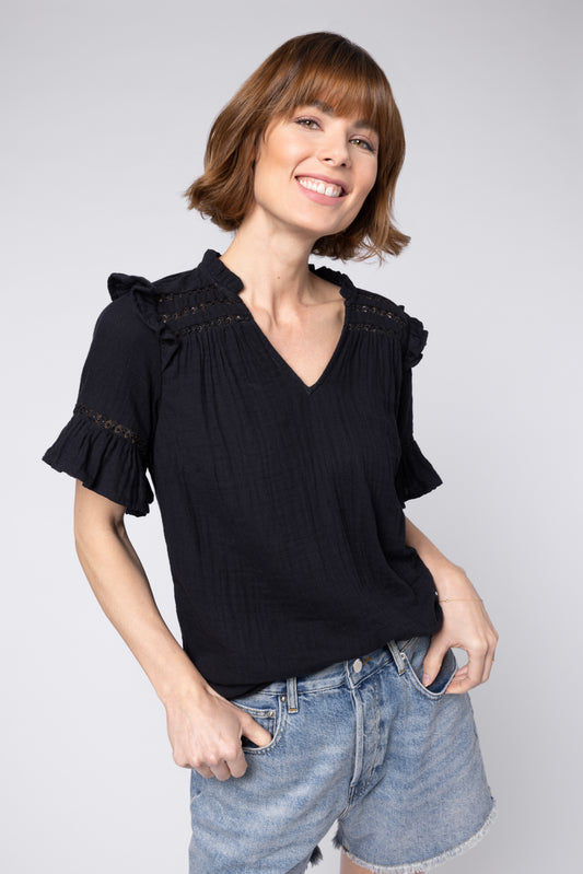 MILA V NECK CHEESECLOTH BLOUSE (BLACK)